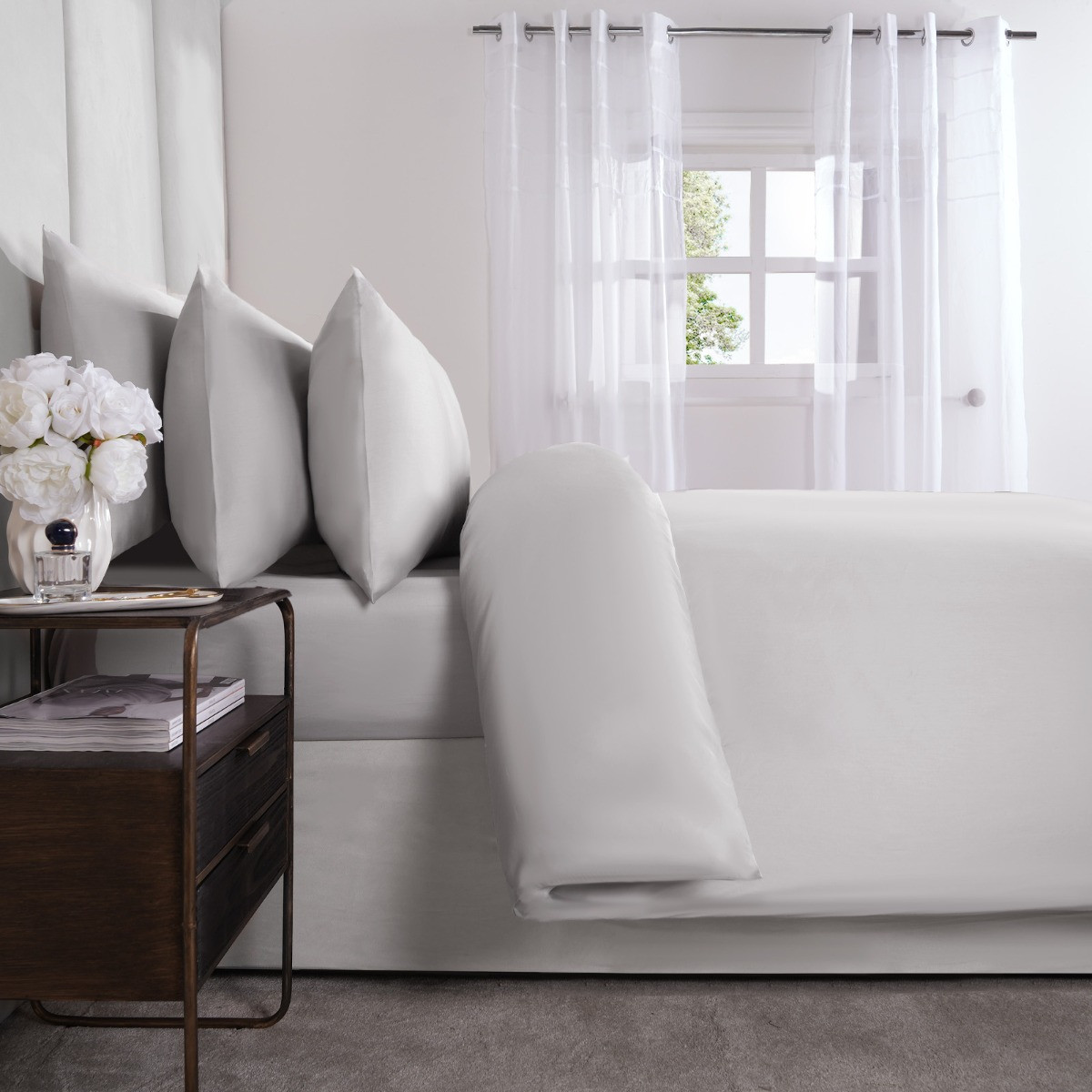 Highams Luxe 220 Thread Count 100% Cotton Sateen Duvet Set, Silver - Single>