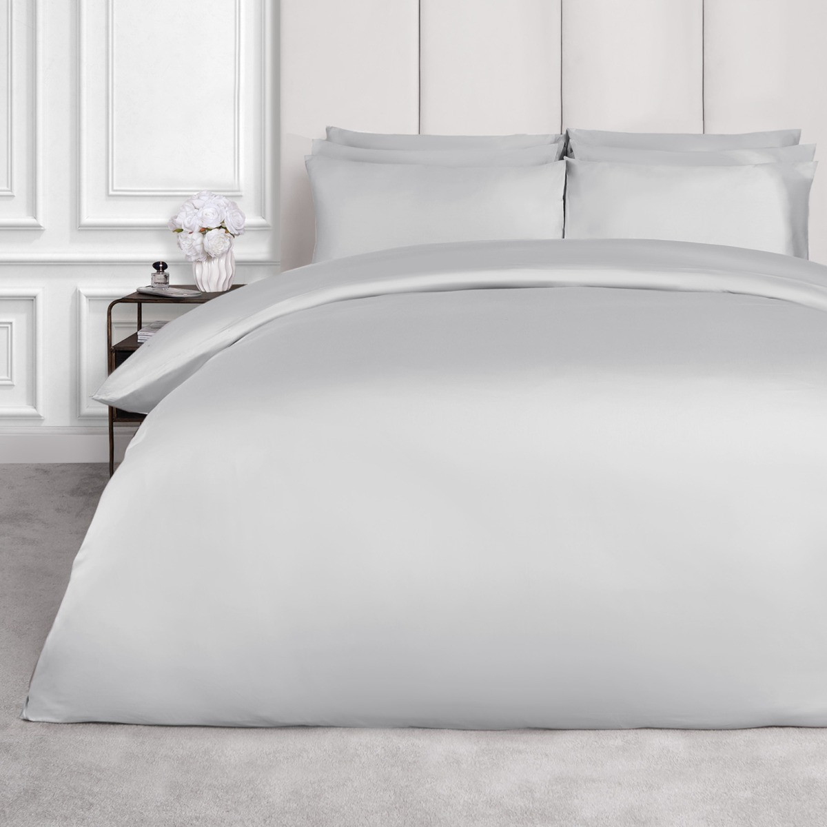 Highams Luxe 220 Thread Count 100% Cotton Sateen Duvet Set, Silver - Single>