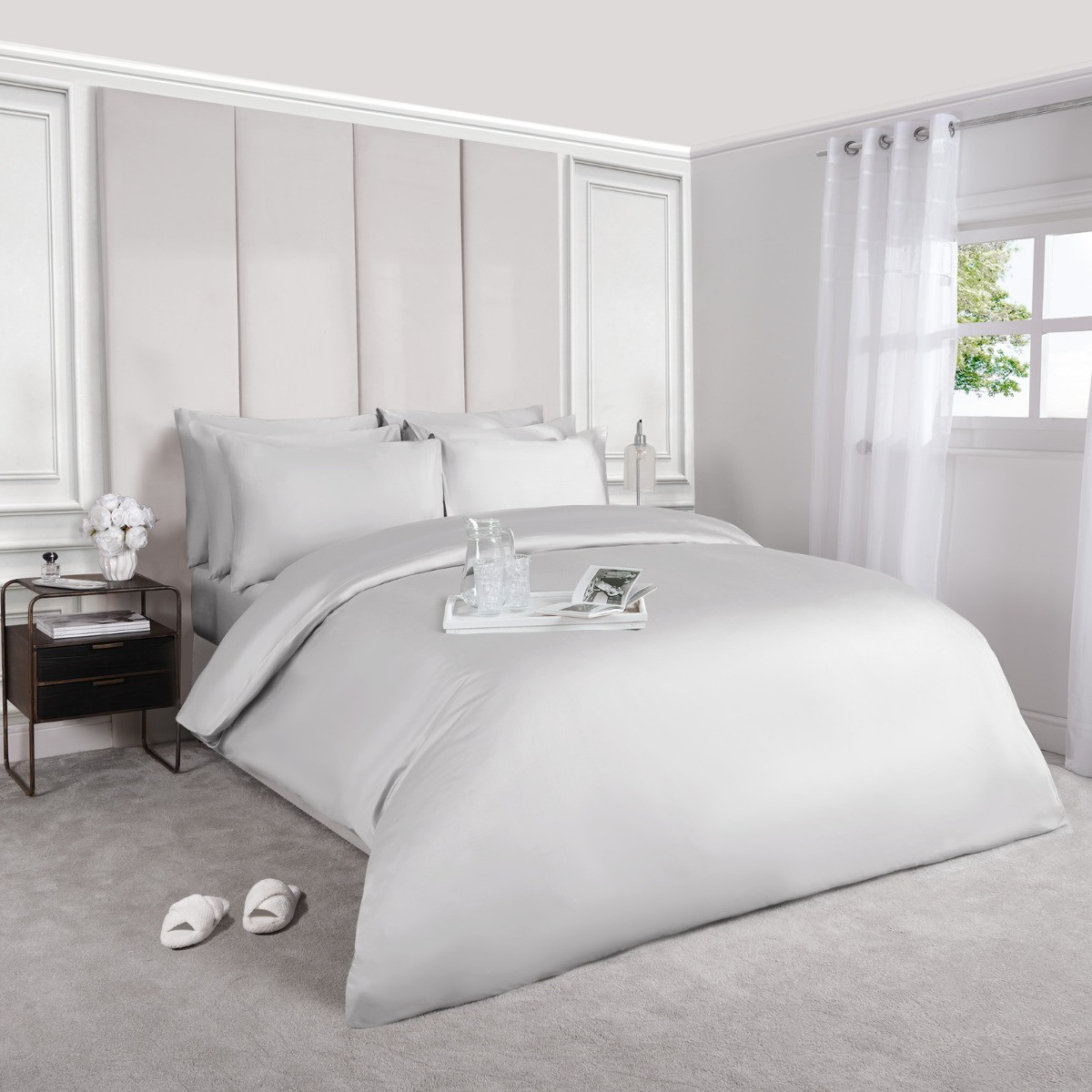 Highams Luxe 220 Thread Count 100% Cotton Sateen Duvet Set, Silver - Single>