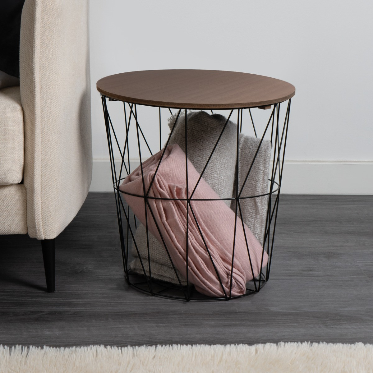 OHS Basket Storage Side Table - Black/Natural>