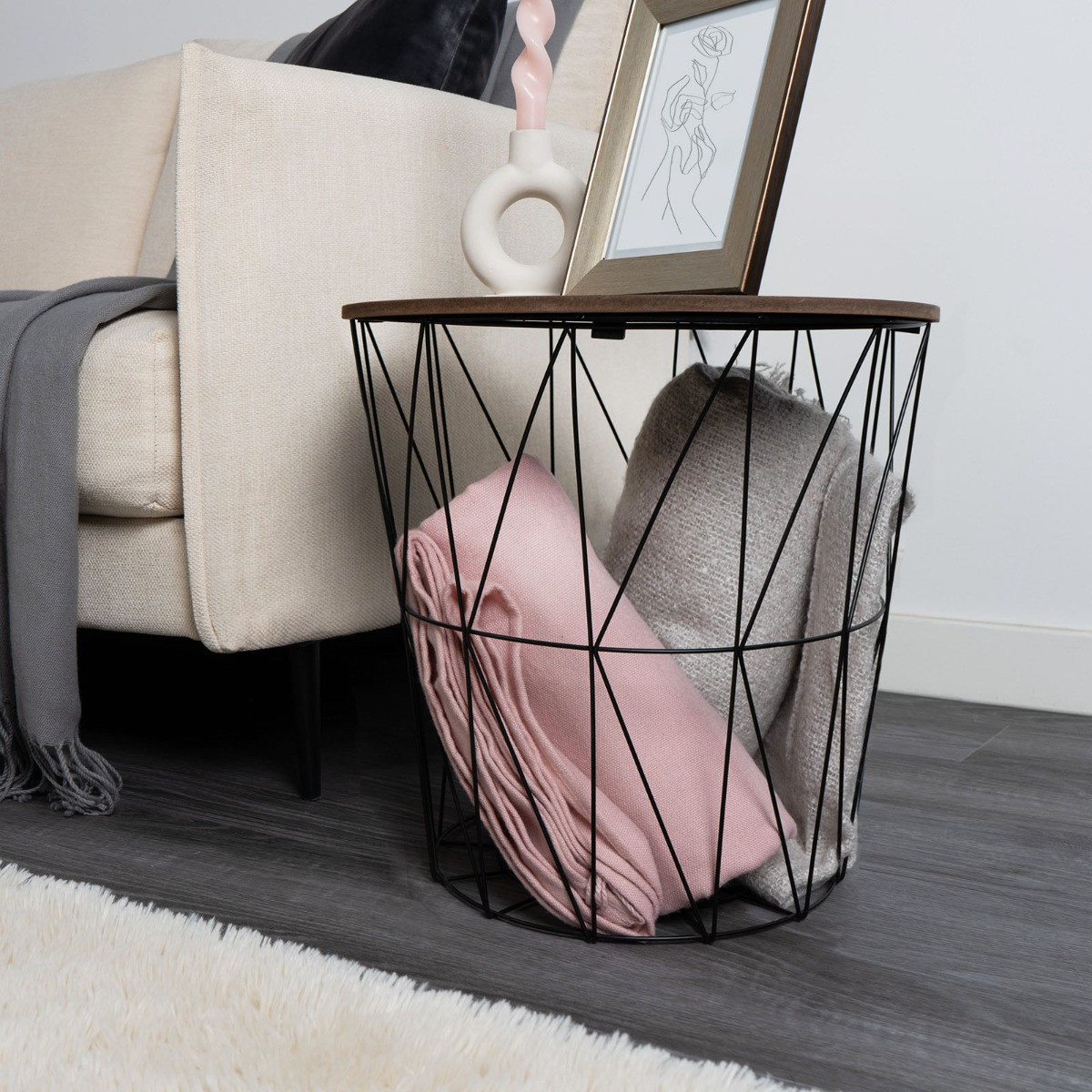 OHS Basket Storage Side Table - Black/Natural>