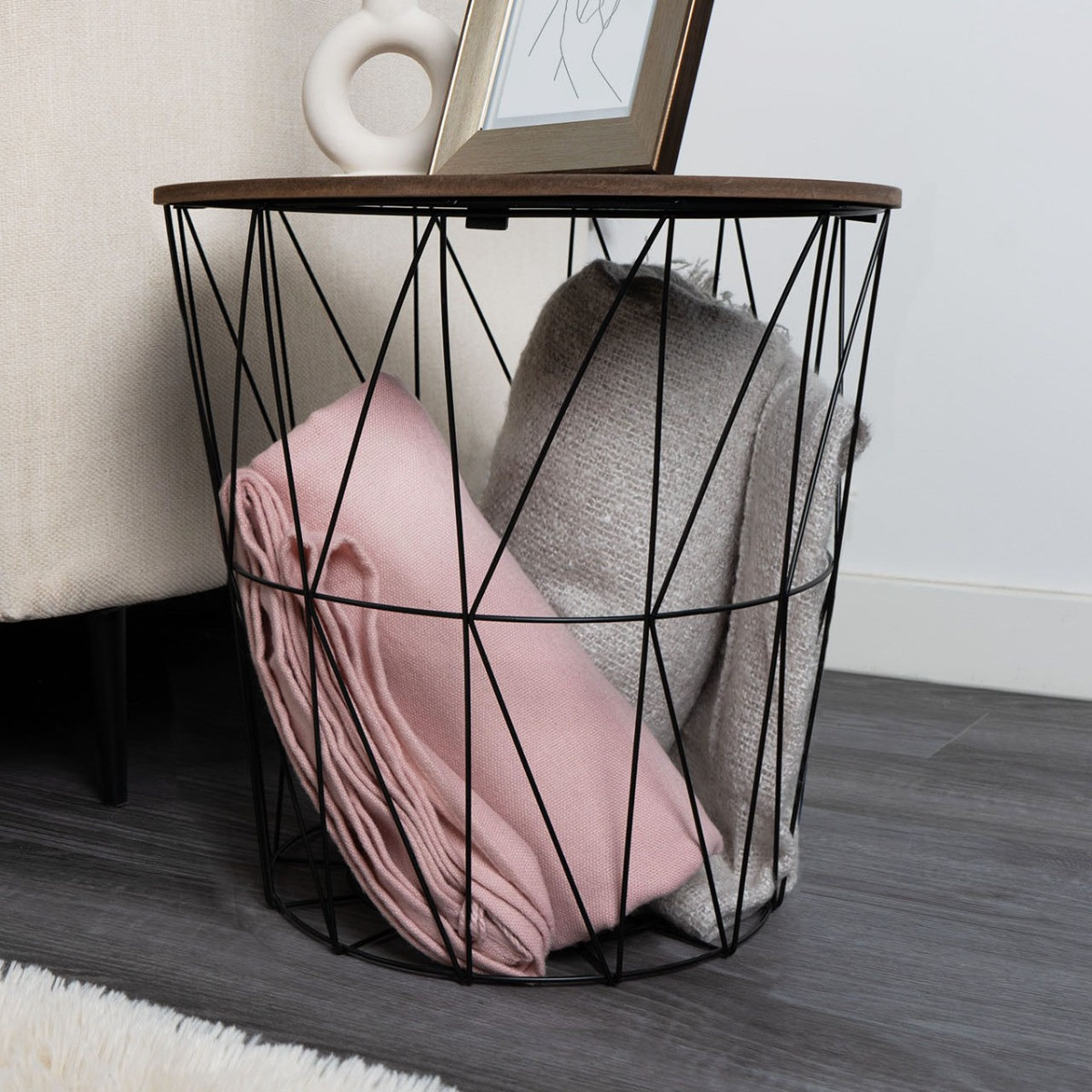 OHS Basket Storage Side Table - Black/Natural>