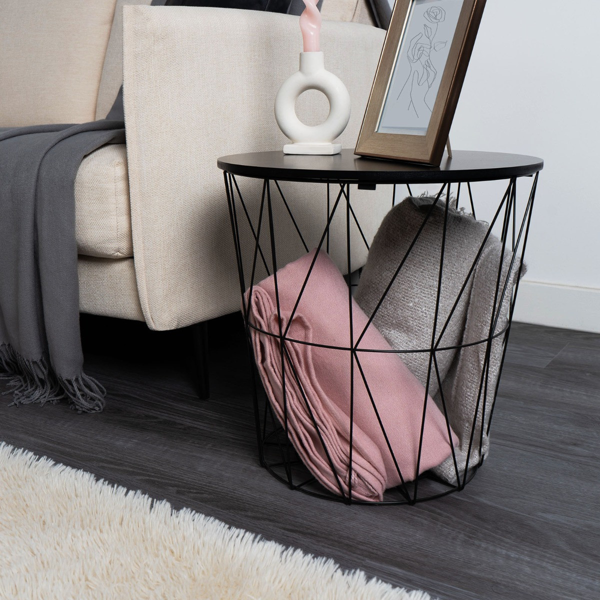 OHS Basket Storage Side Table - Black>