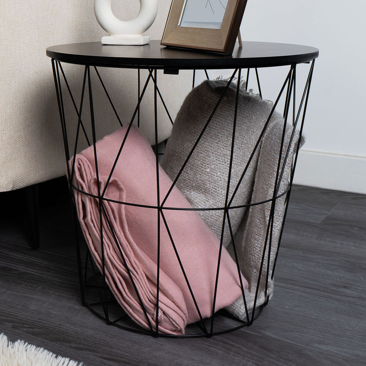 OHS Basket Storage Side Table - Black>