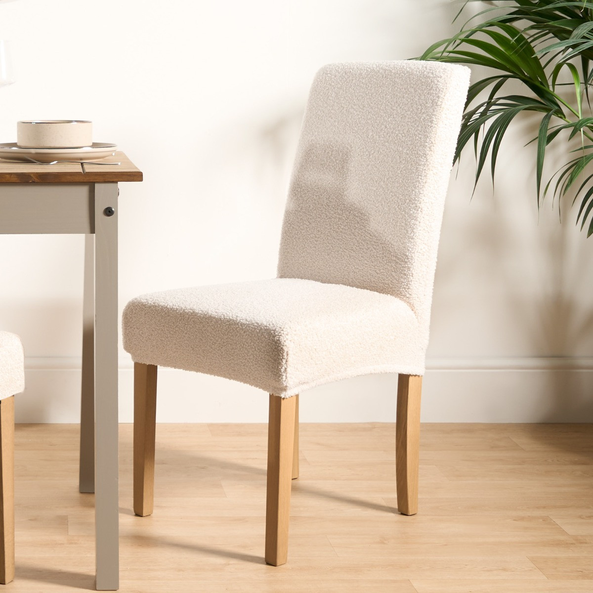 OHS Elastic Stretch Bouclé Dining Chair Cover - Cream >