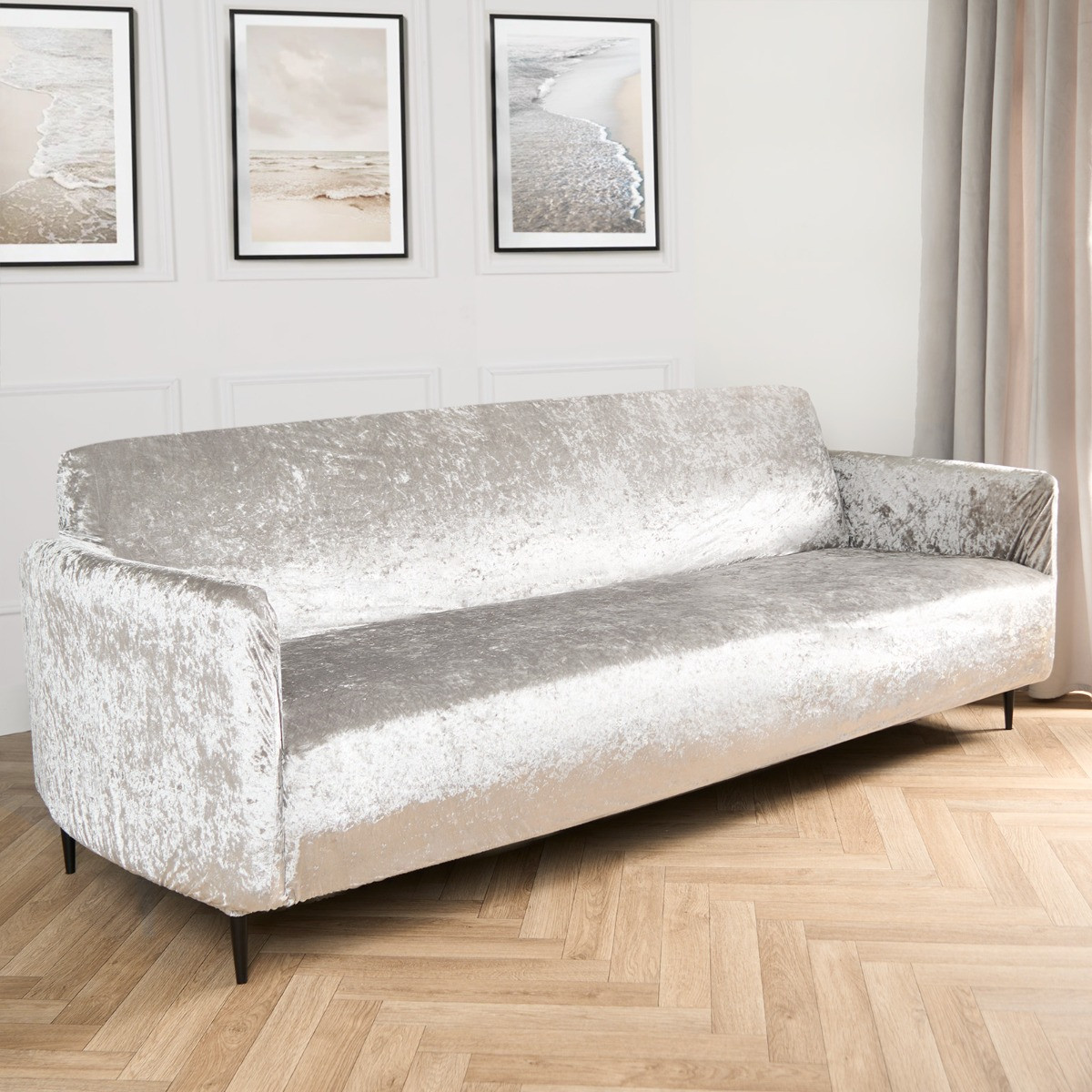 OHS 2 Seater Crushed Velvet Stretched Sofa Cover - Silver>