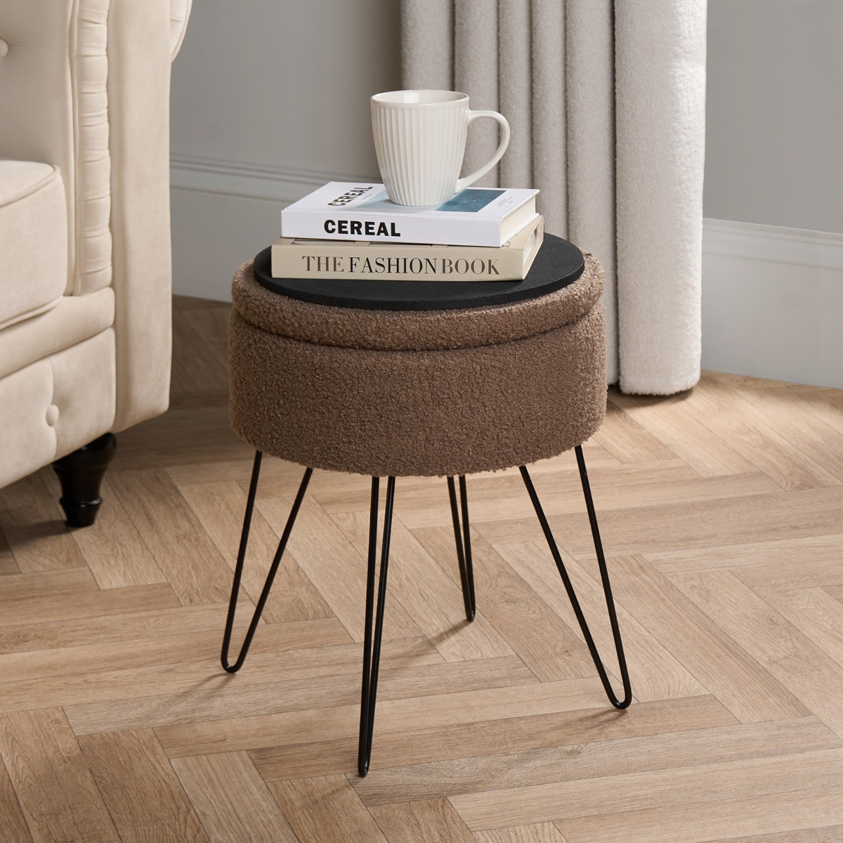 OHS Bouclé Storage Hairpin Stool - Mink >