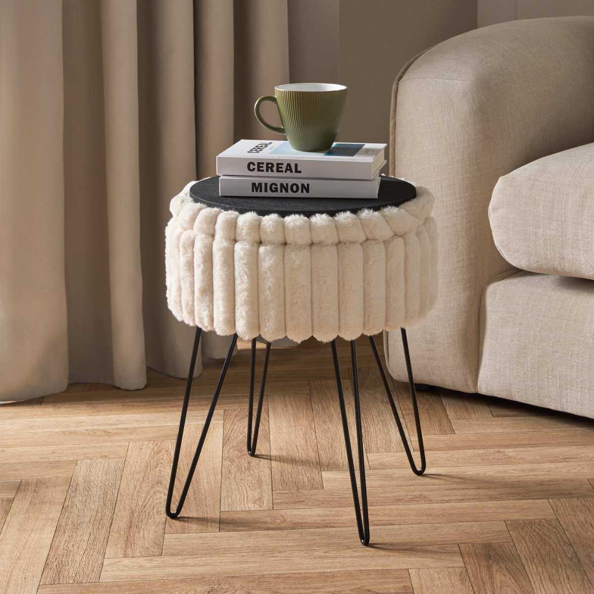 OHS Faux Fur Ribbed Storage Hairpin Stool - Cream >