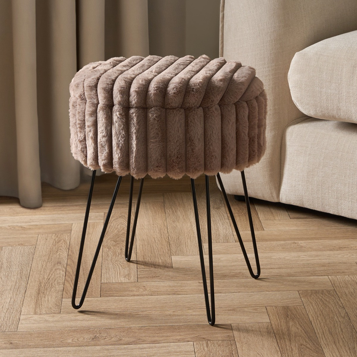 OHS Faux Fur Ribbed Storage Hairpin Stool - Mink>