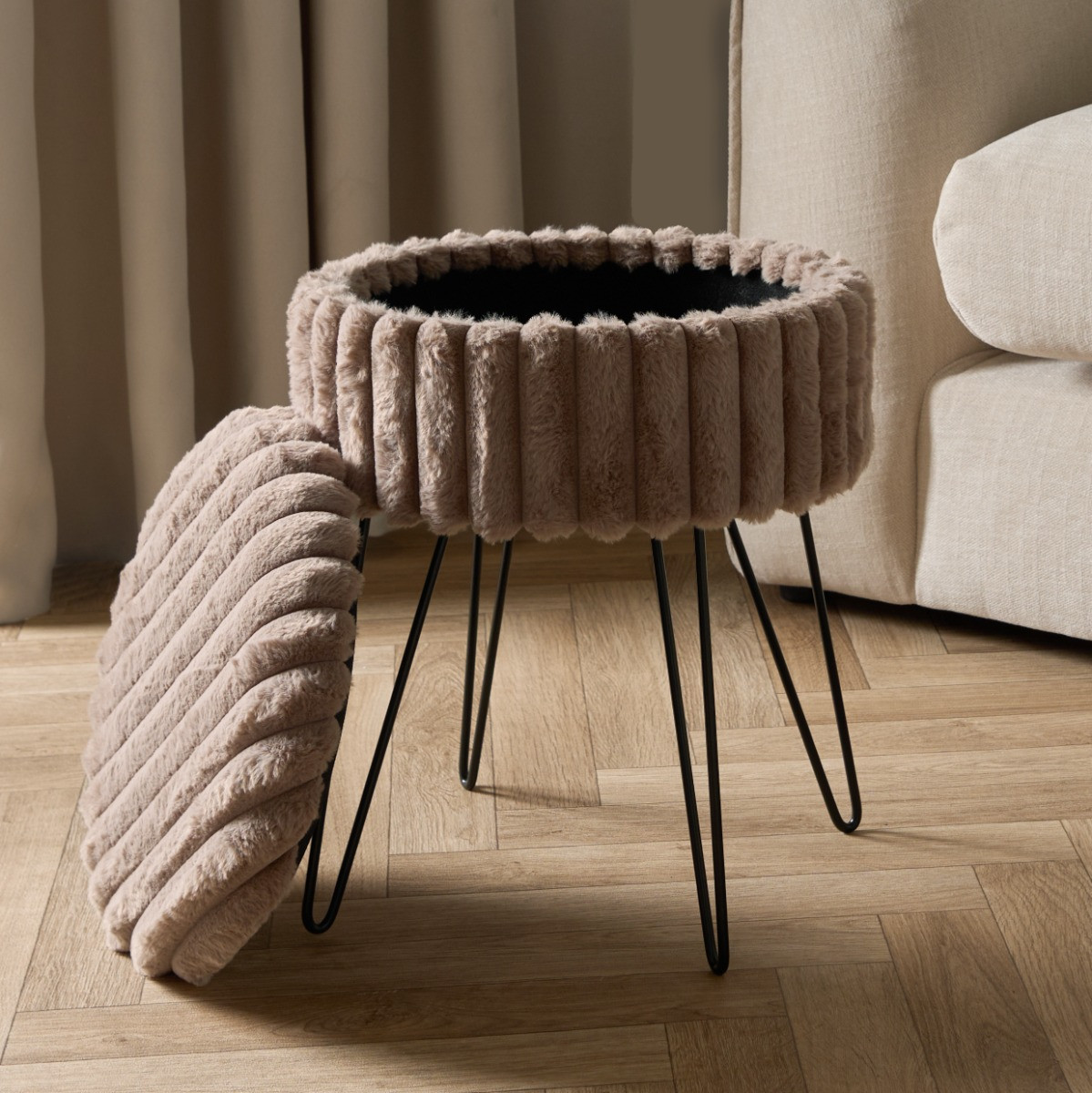 OHS Faux Fur Ribbed Storage Hairpin Stool - Mink>