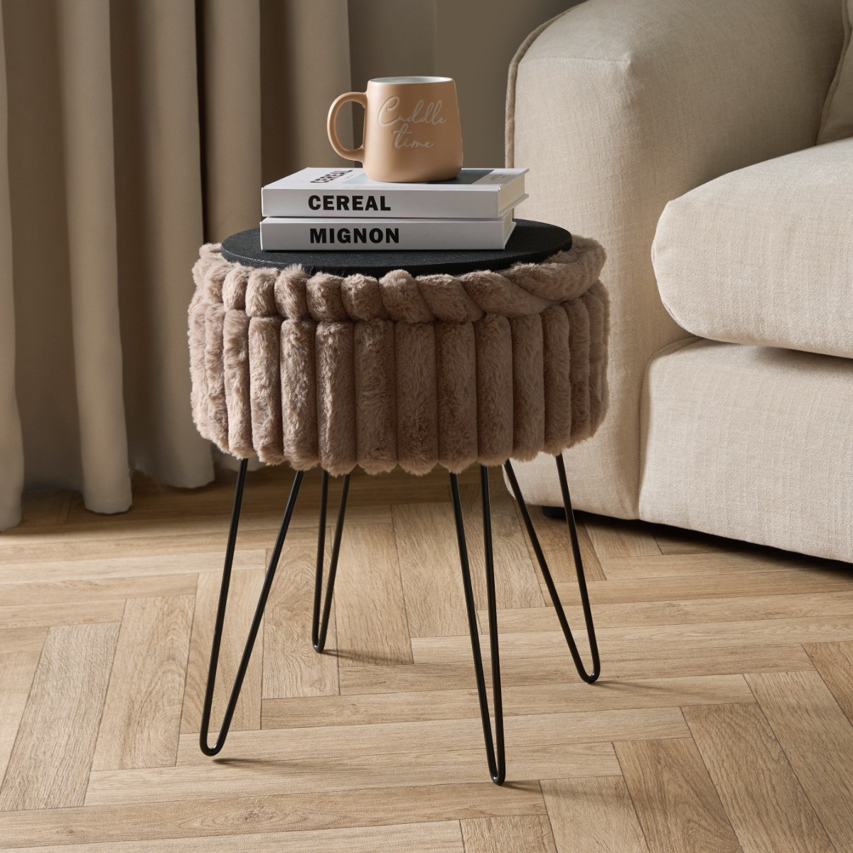 OHS Faux Fur Ribbed Storage Hairpin Stool - Mink>