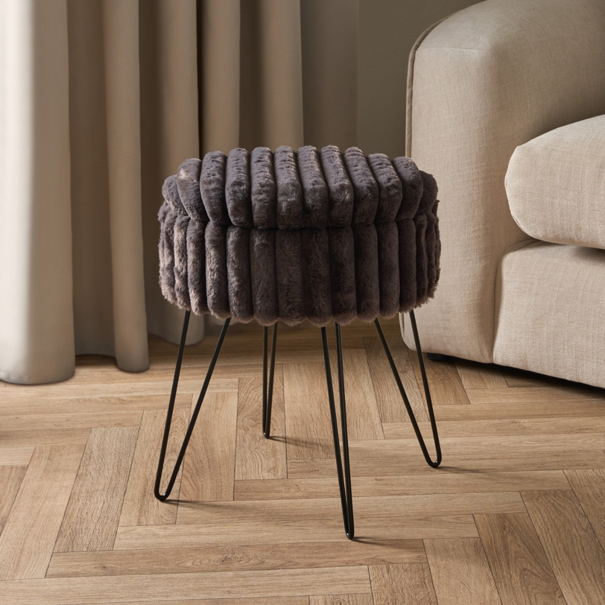 OHS Faux Fur Ribbed Storage Hairpin Stool - Charcoal>