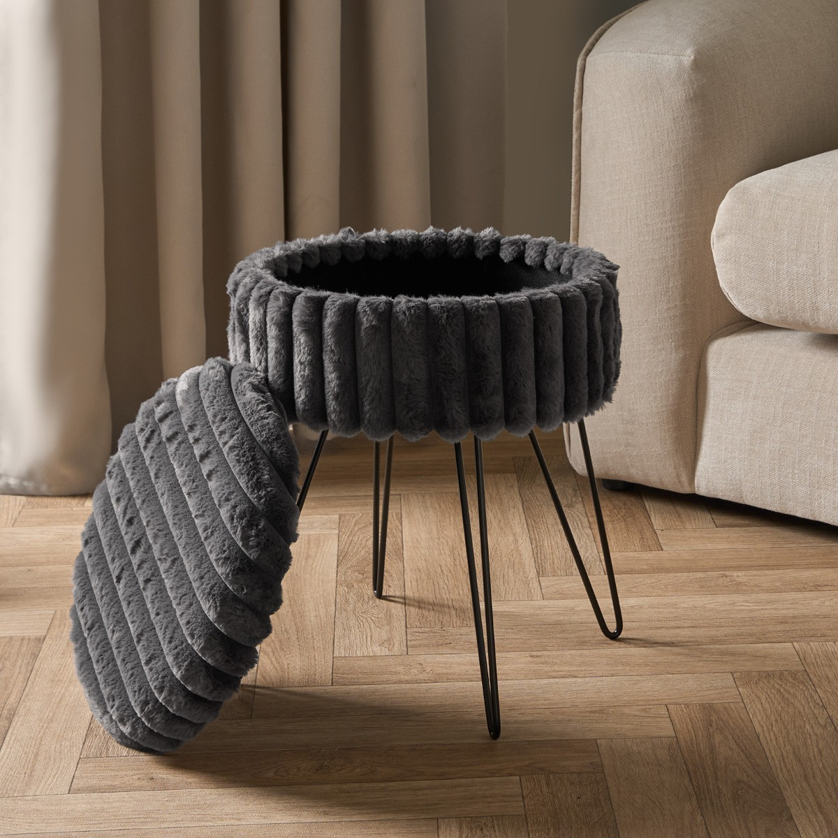 OHS Faux Fur Ribbed Storage Hairpin Stool - Charcoal>