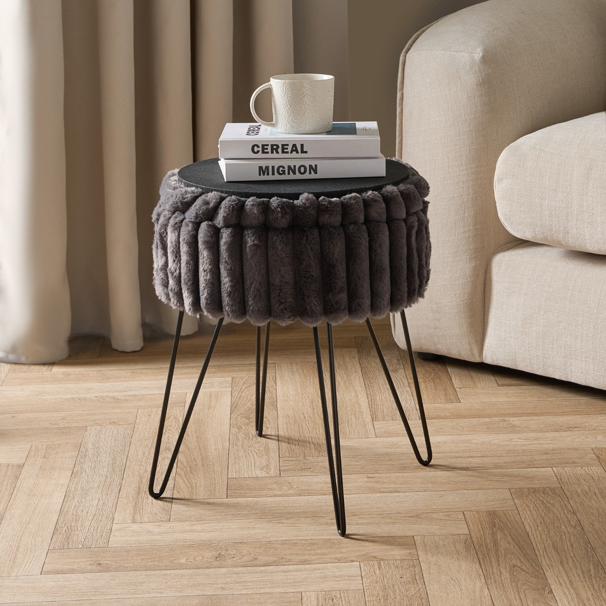 OHS Faux Fur Ribbed Storage Hairpin Stool - Charcoal>