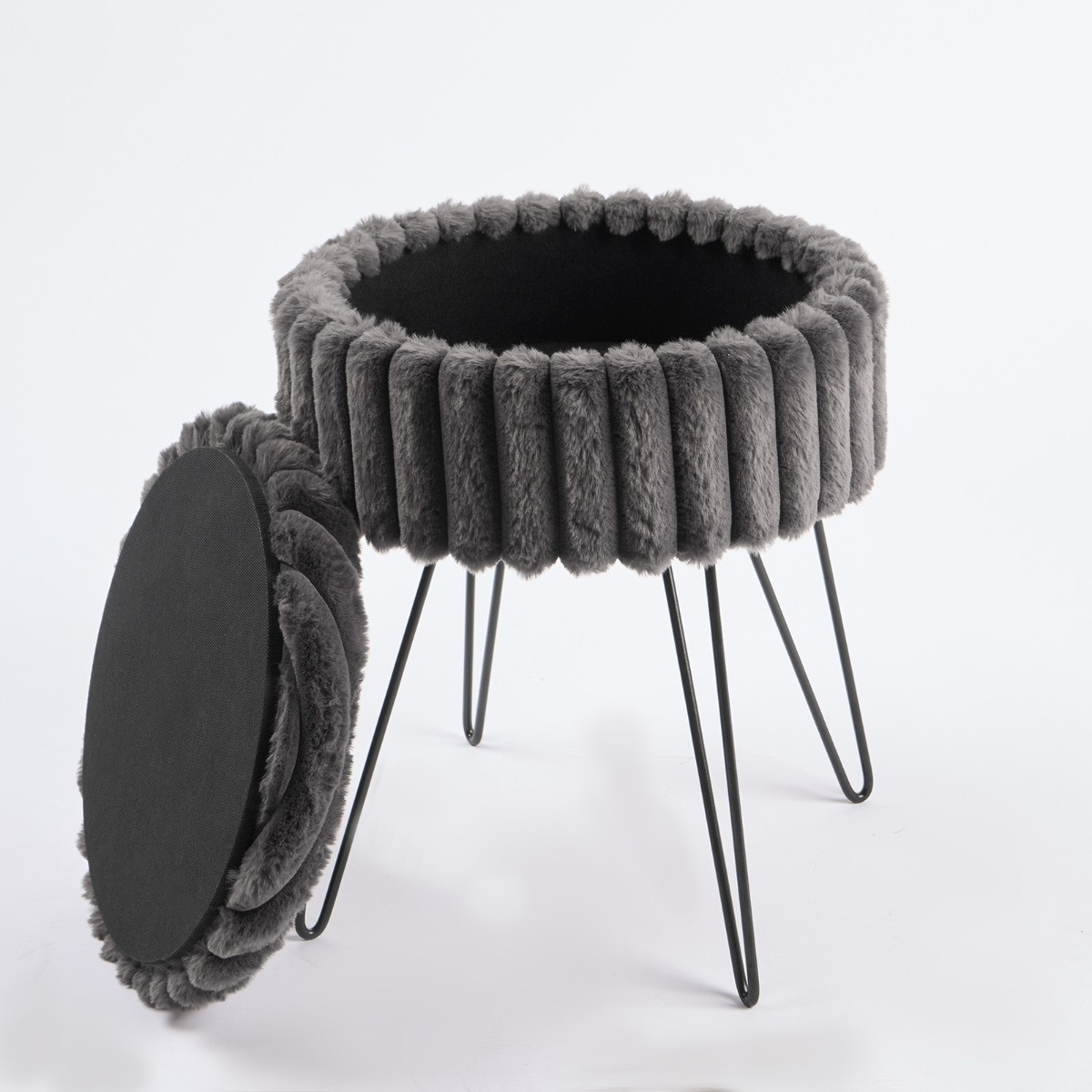 OHS Faux Fur Ribbed Storage Hairpin Stool - Charcoal>