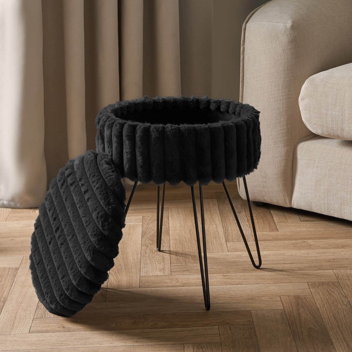 OHS Faux Fur Ribbed Storage Hairpin Stool - Black>