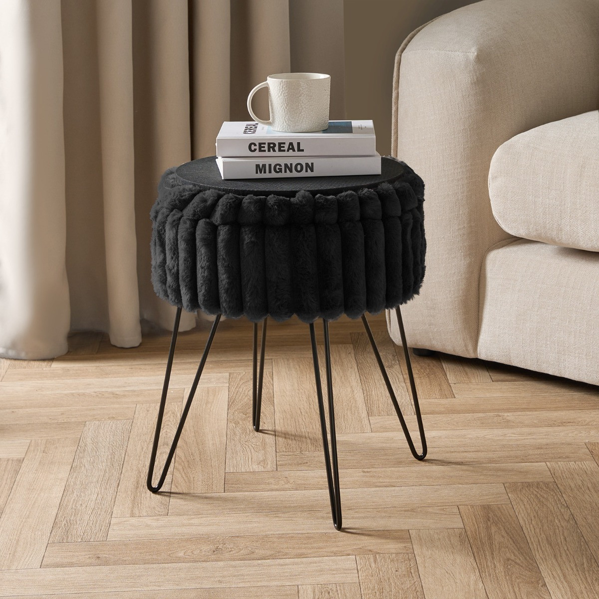 OHS Faux Fur Ribbed Storage Hairpin Stool - Black>