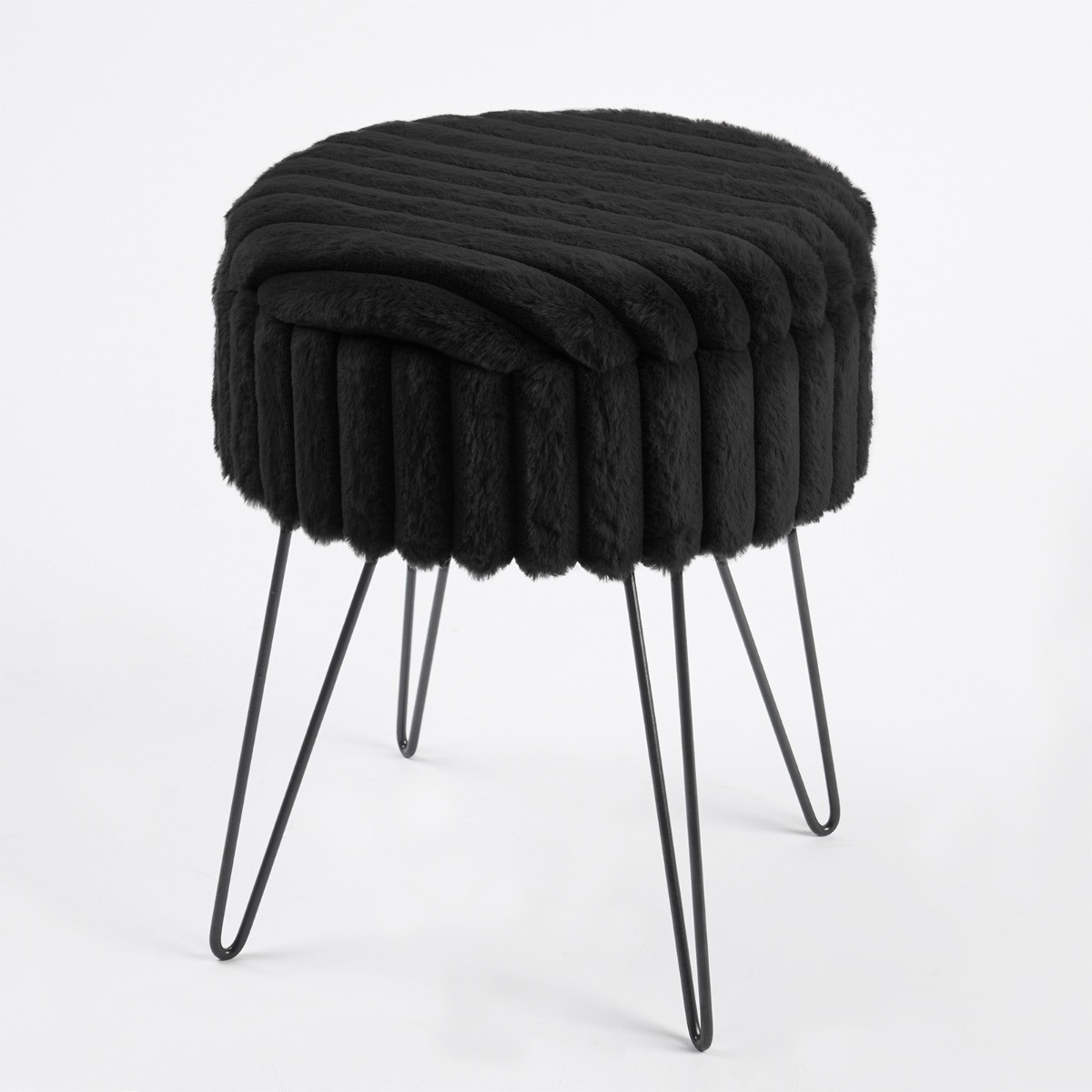 OHS Faux Fur Ribbed Storage Hairpin Stool - Black>