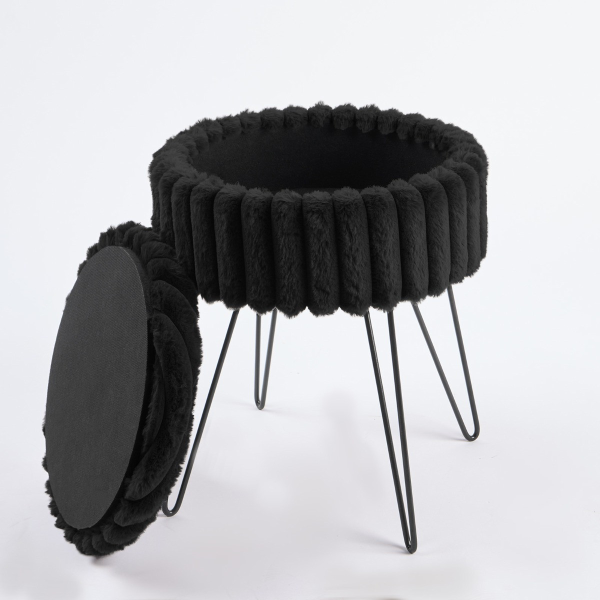 OHS Faux Fur Ribbed Storage Hairpin Stool - Black>