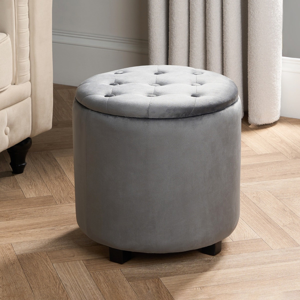 OHS Matte Velvet Button Top Storage Ottoman - Grey >