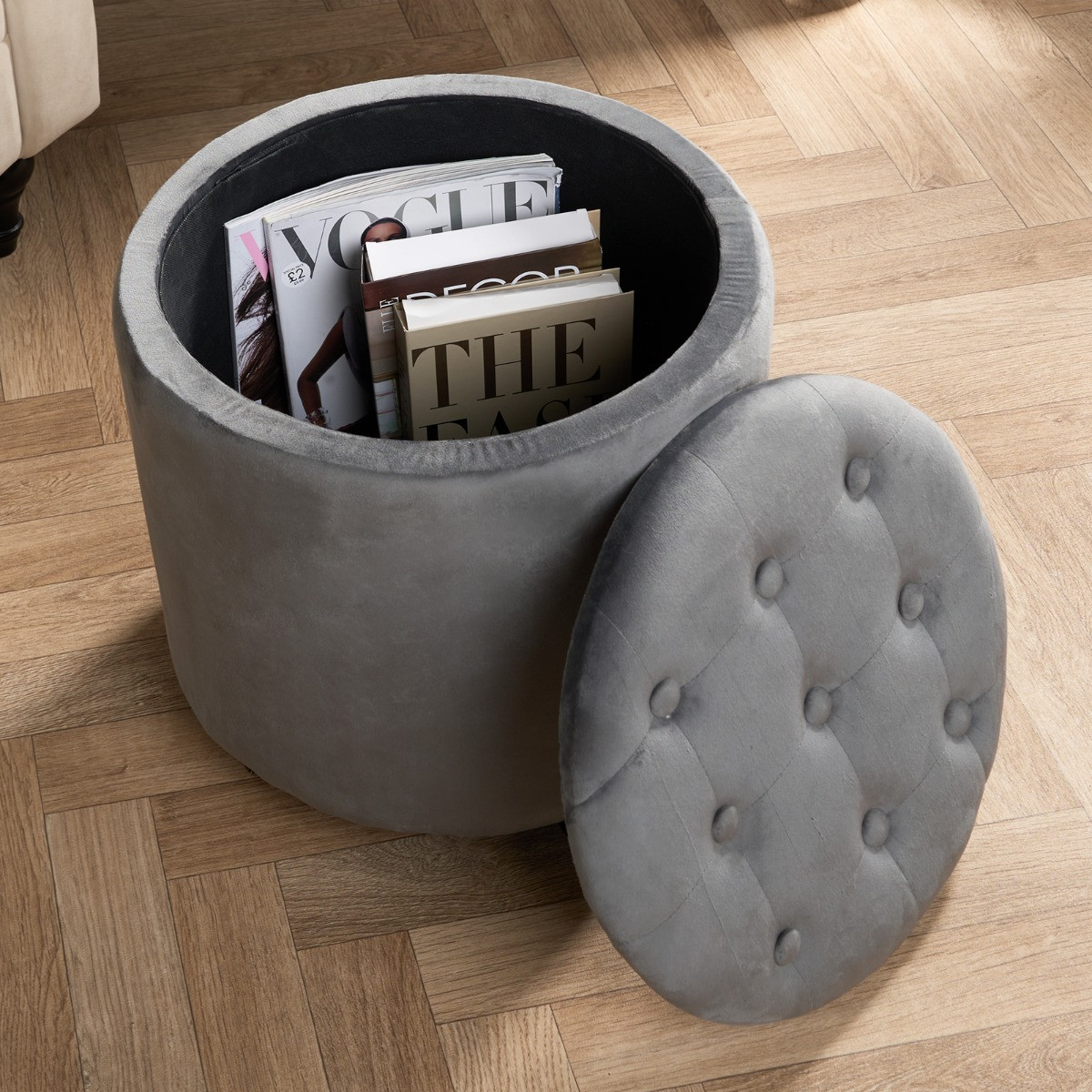 OHS Matte Velvet Button Top Storage Ottoman - Grey >