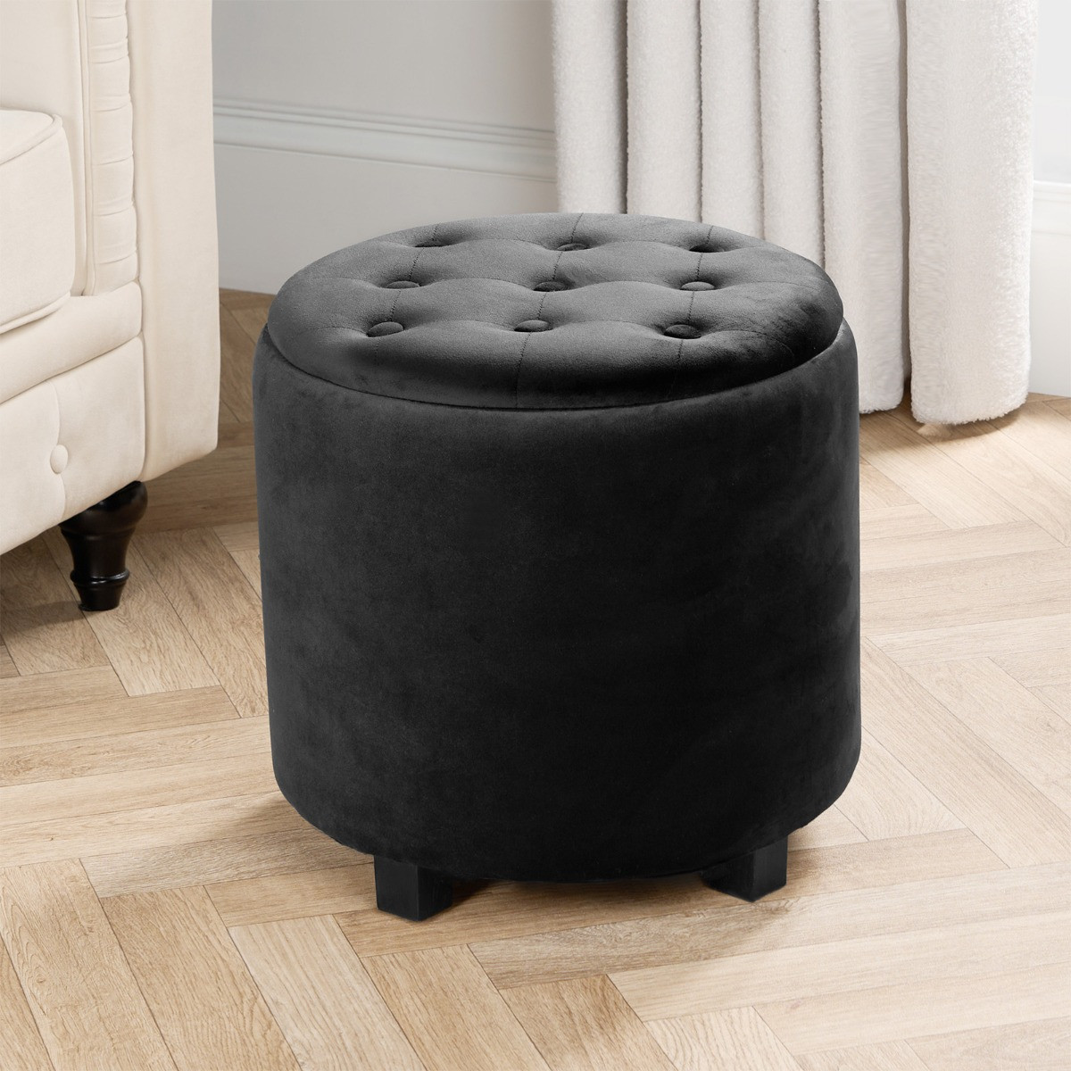 OHS Matte Velvet Button Top Storage Ottoman - Black>