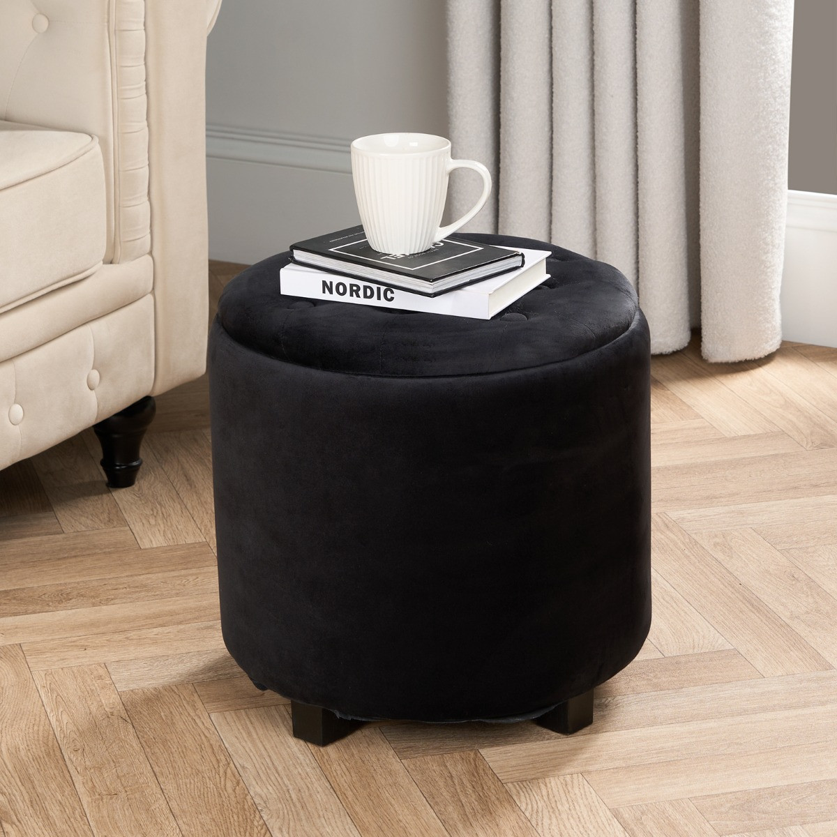 OHS Matte Velvet Button Top Storage Ottoman - Black>