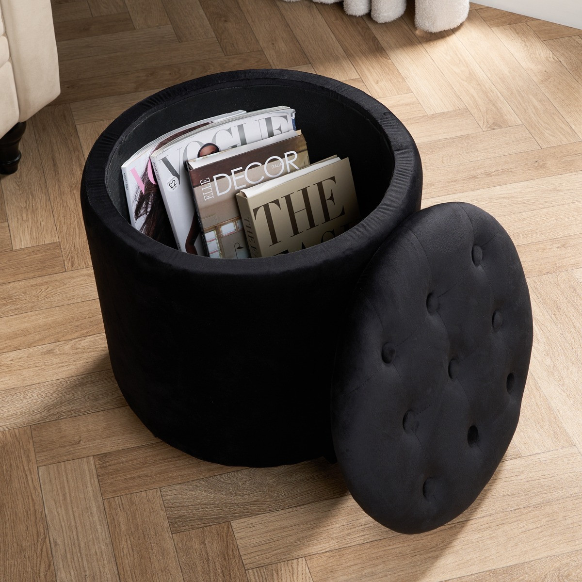 OHS Matte Velvet Button Top Storage Ottoman - Black>