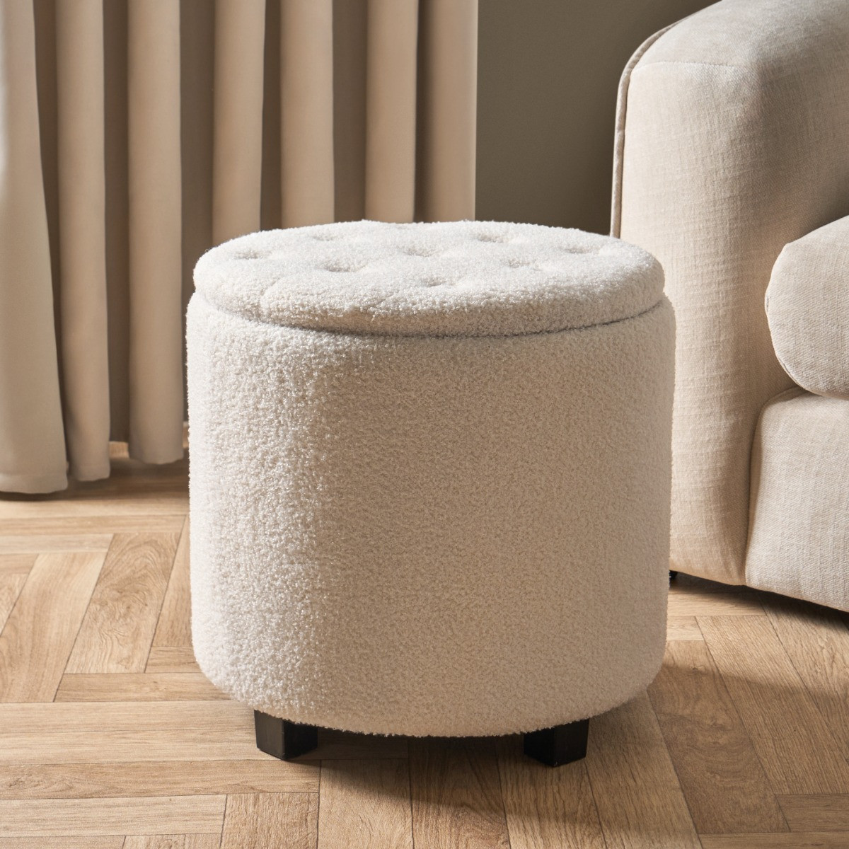 OHS Boucle Button Top Storage Ottoman - Cream>