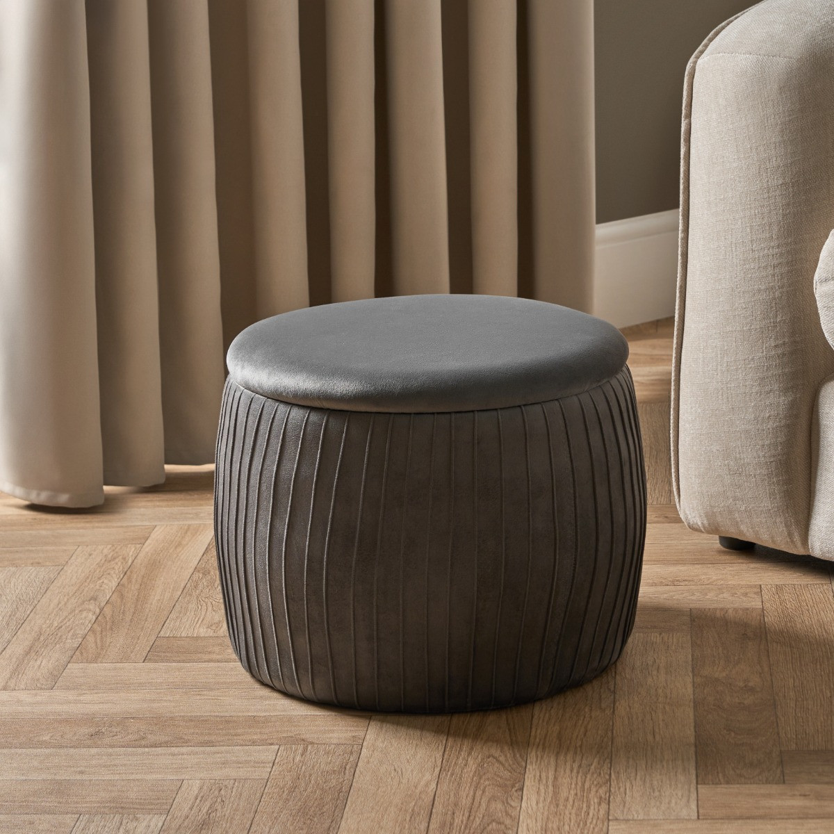 OHS Matte Velvet Pleated Storage Ottoman - Charcoal >