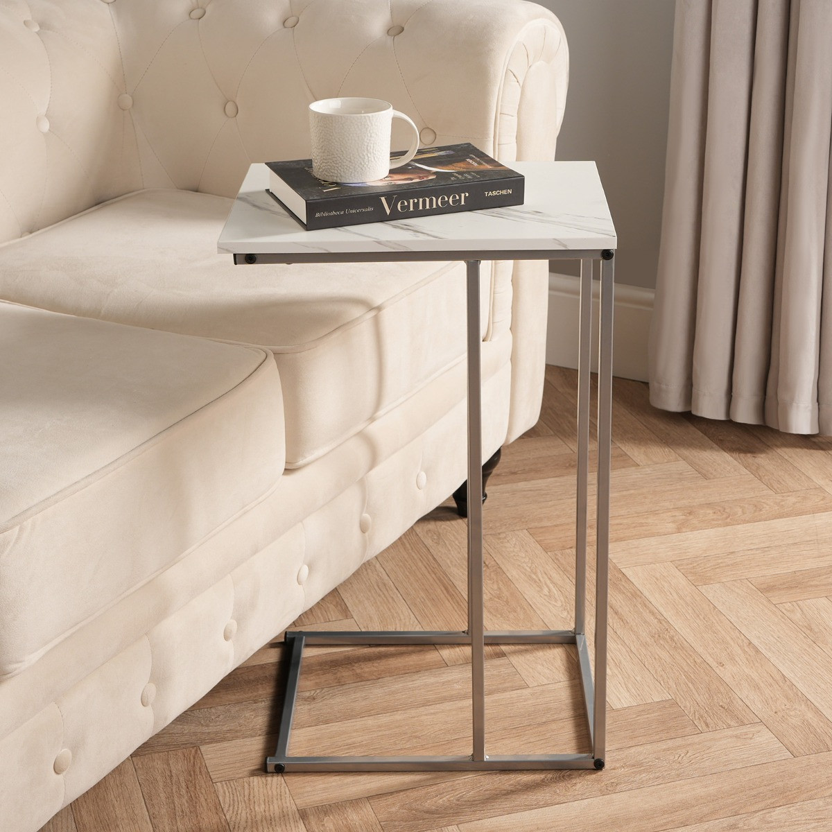 OHS C Shape Marble Look Side Table - White>