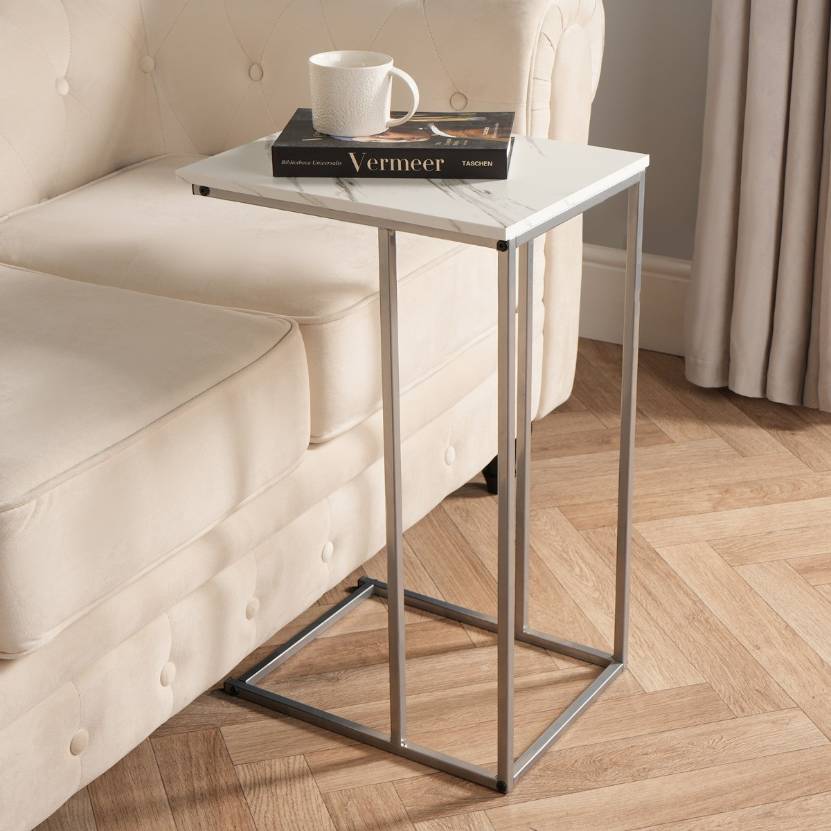 OHS C Shape Marble Look Side Table - White>