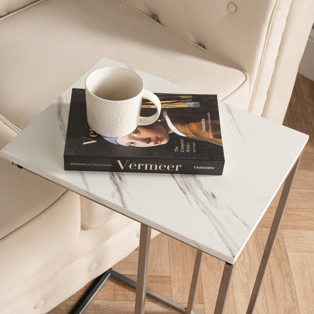 OHS C Shape Marble Look Side Table - White>