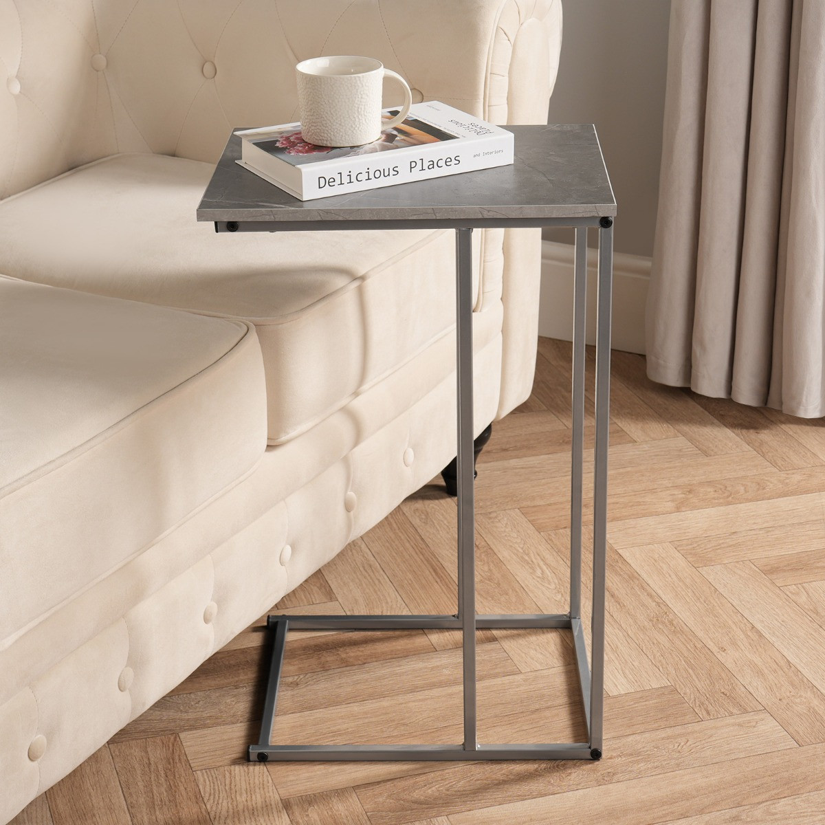 OHS C Shape Marble Look Side Table - Grey>