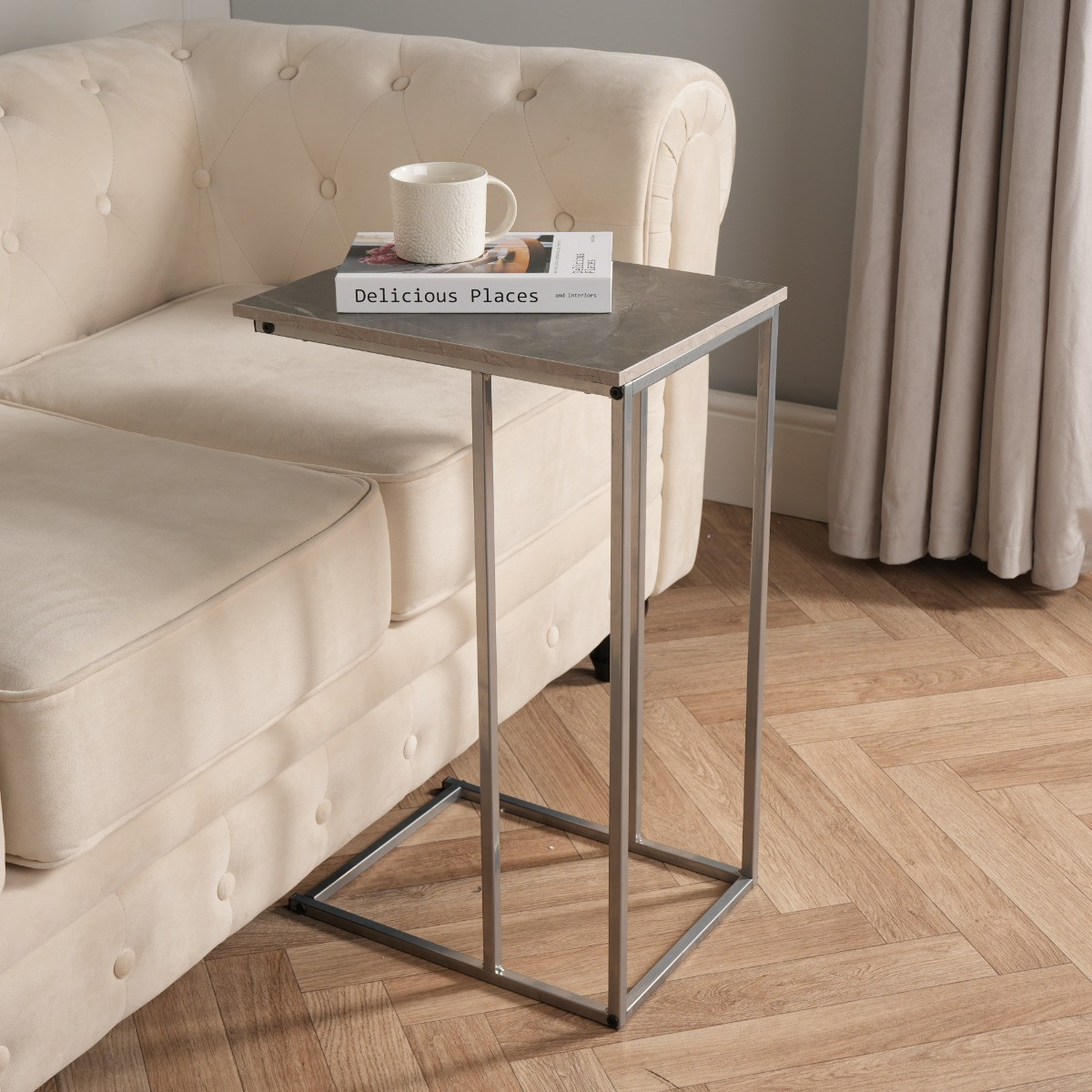 OHS C Shape Marble Look Side Table - Grey>