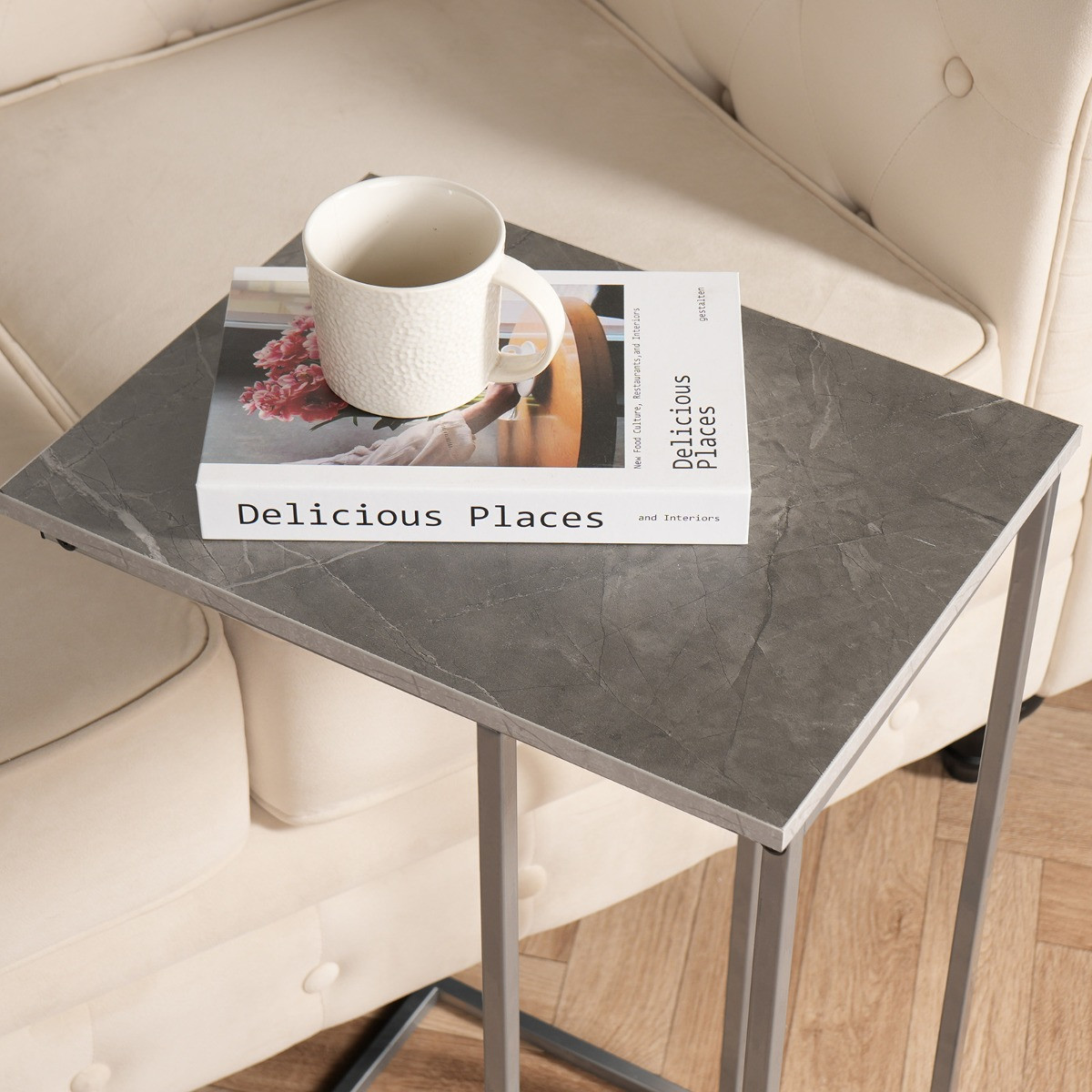 OHS C Shape Marble Look Side Table - Grey>