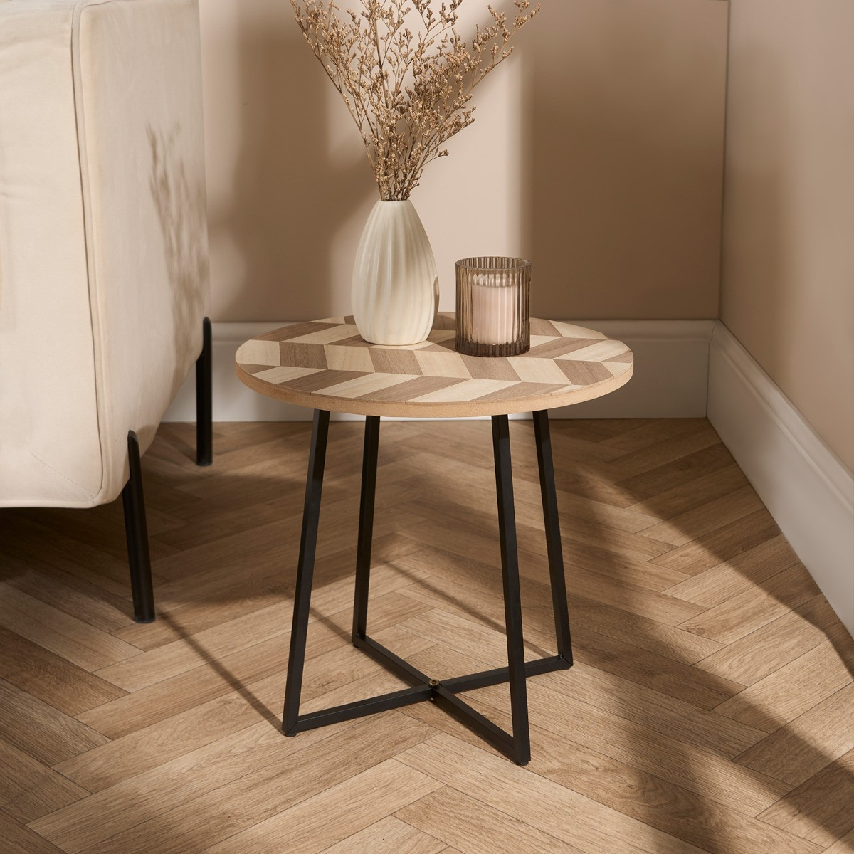 OHS Herringbone Round Side Table - Wood >