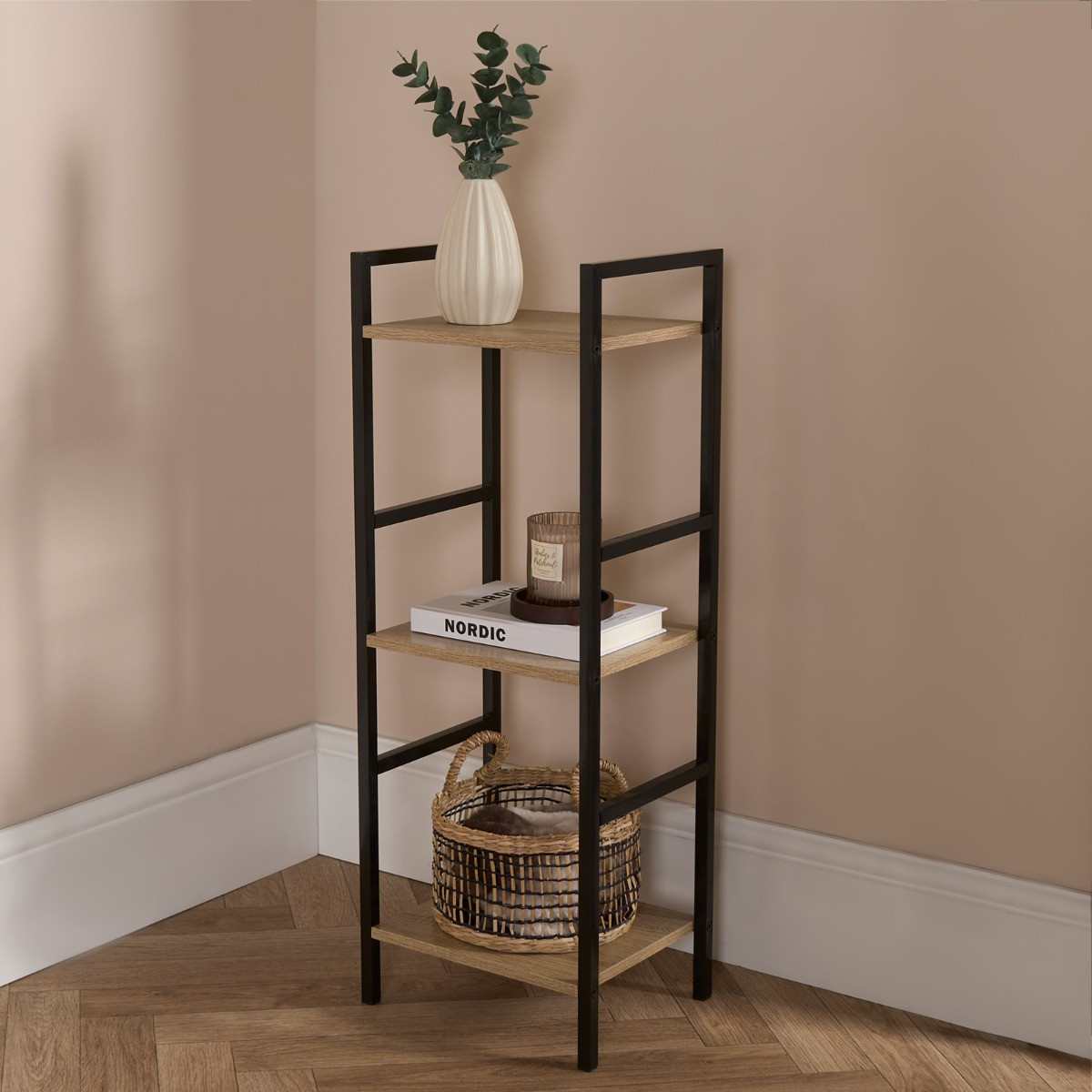 OHS 3 Tier Wire & Wood Iron Shelving Unit – Natural/Black>