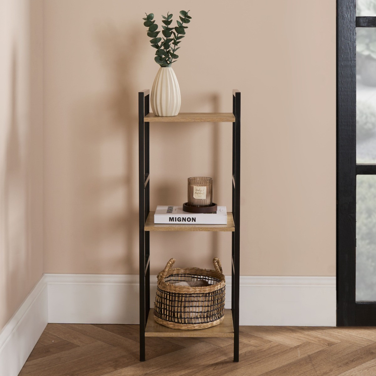 OHS 3 Tier Wire & Wood Iron Shelving Unit – Natural/Black>