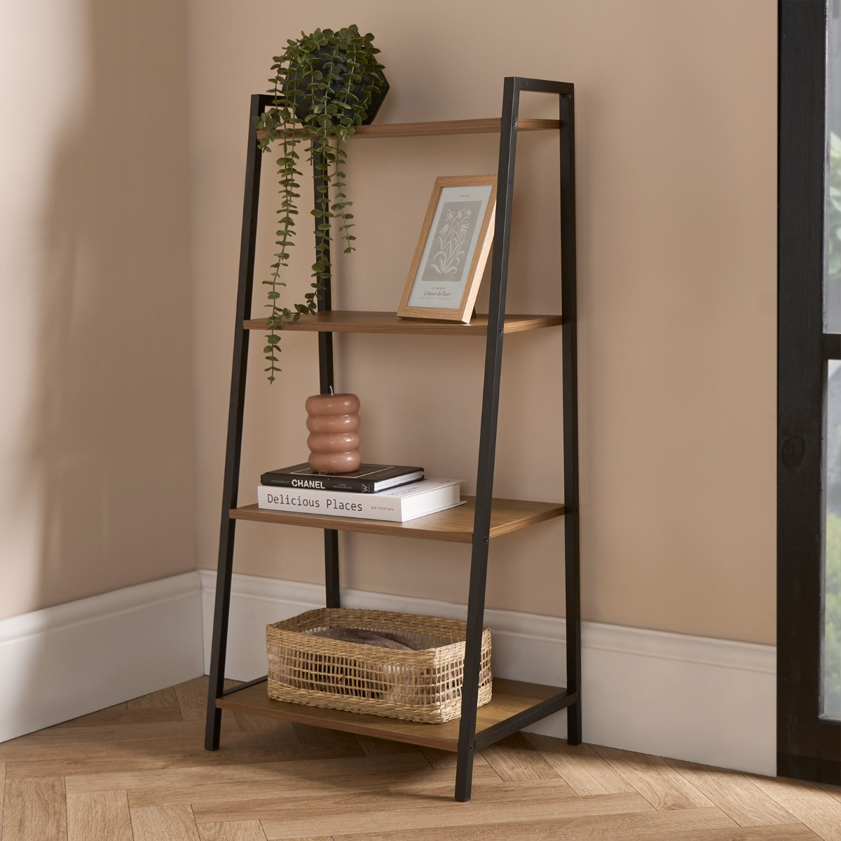 OHS 4 Tier Wooden Iron Shelving Unit – Natural/Black>