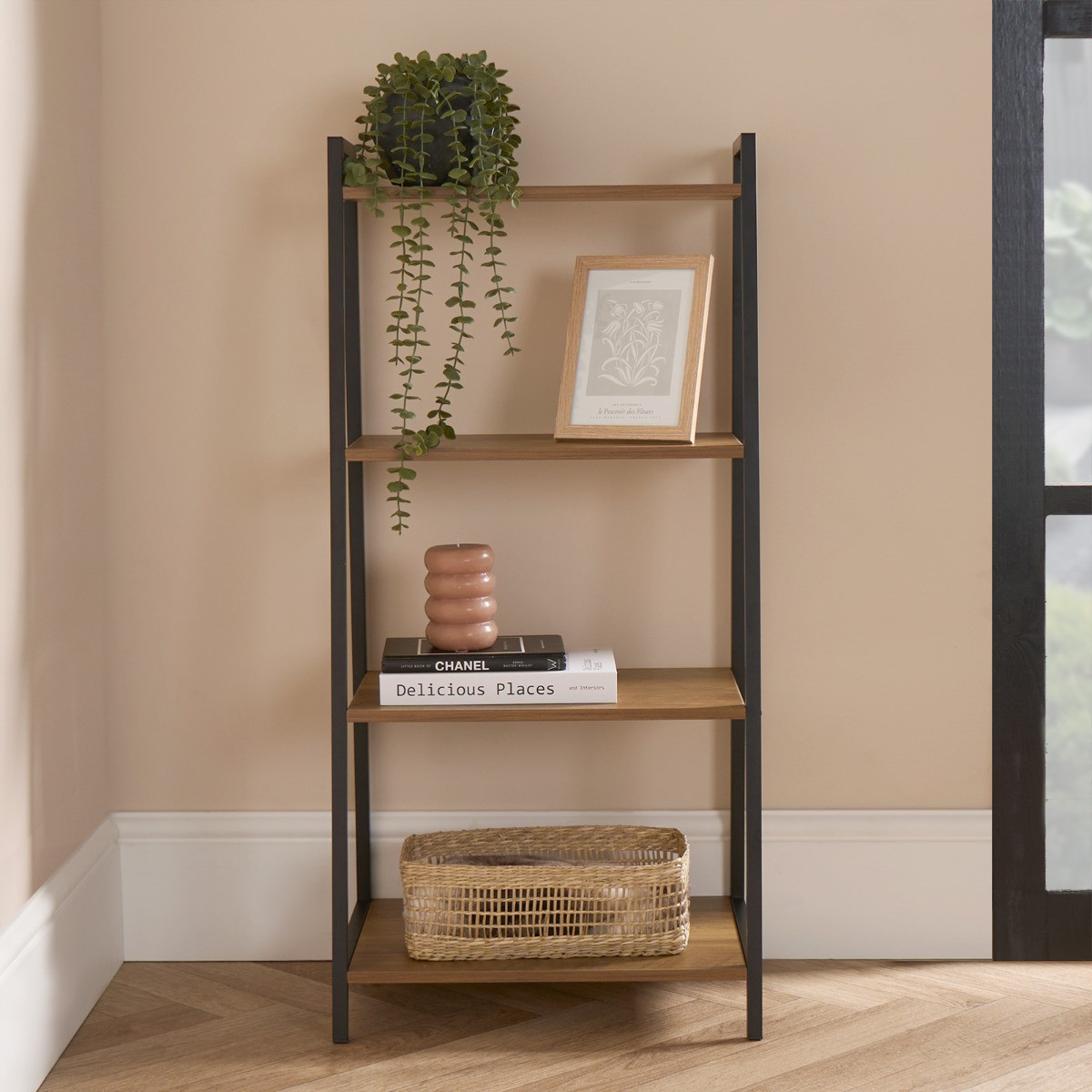 OHS 4 Tier Wooden Iron Shelving Unit – Natural/Black>