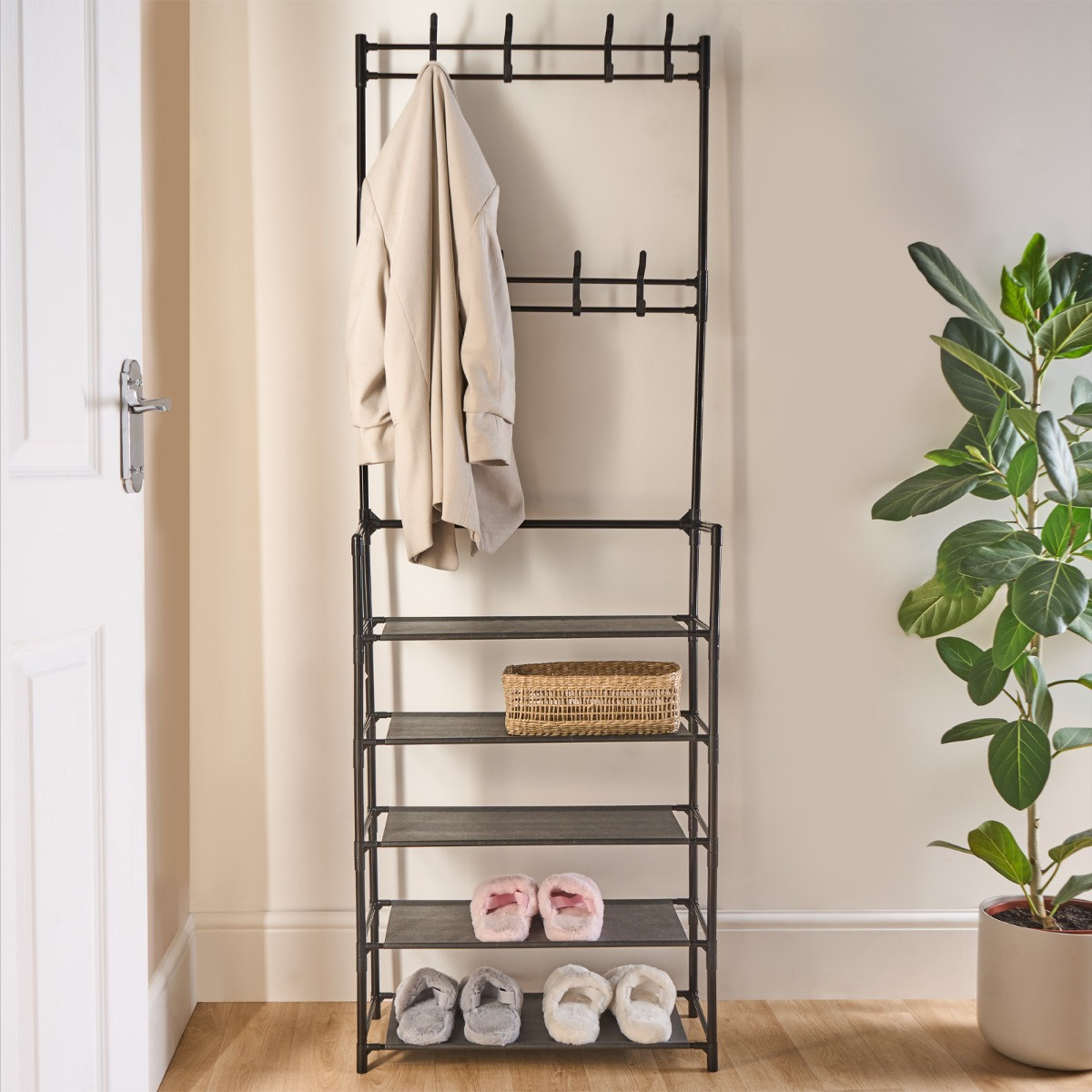 OHS 16 Hook Garment Rack with Shelving - Black >