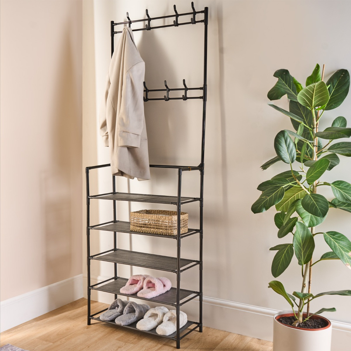 OHS 16 Hook Garment Rack with Shelving - Black >