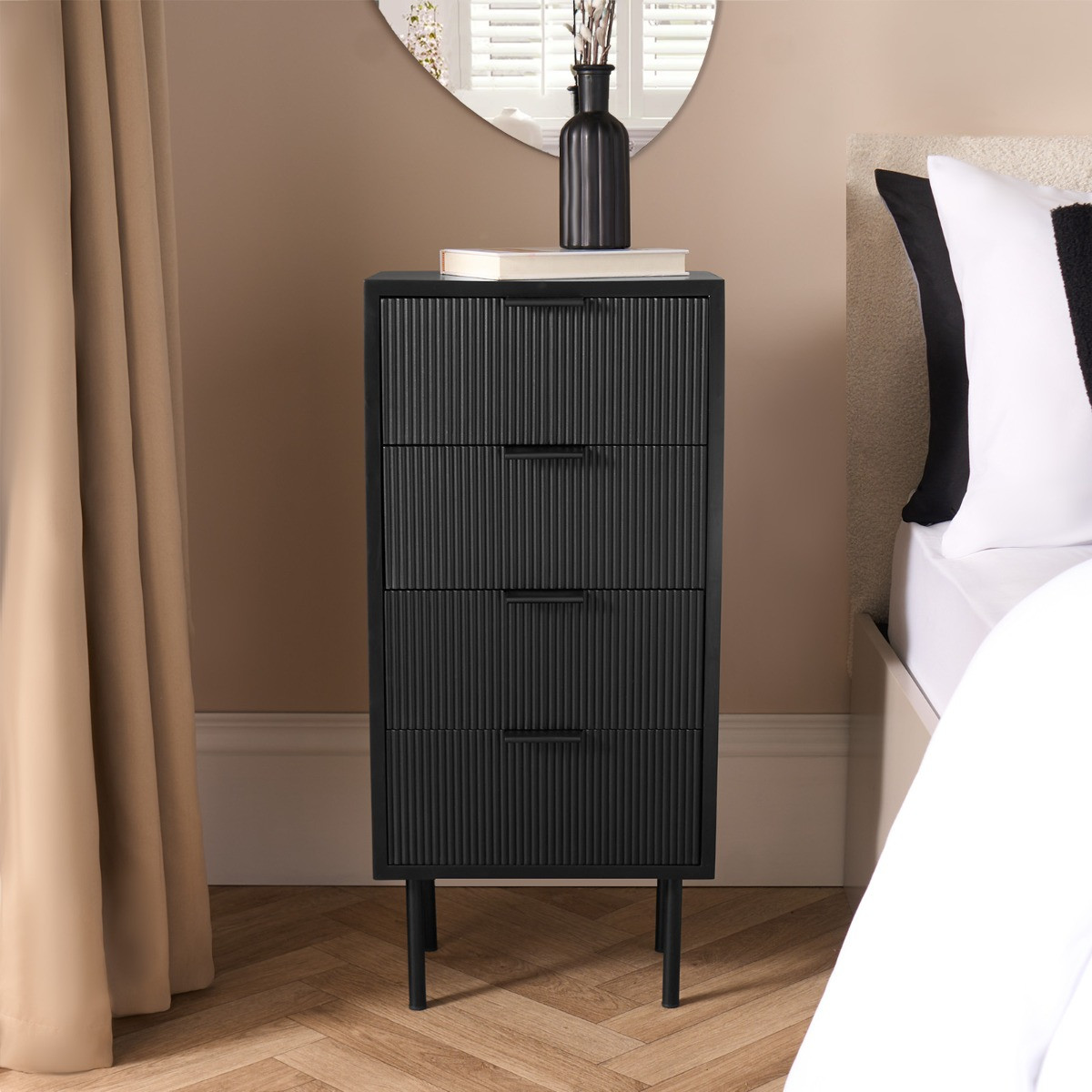 OHS Ribbed 4 Drawer Wood Bedside Table - Black>