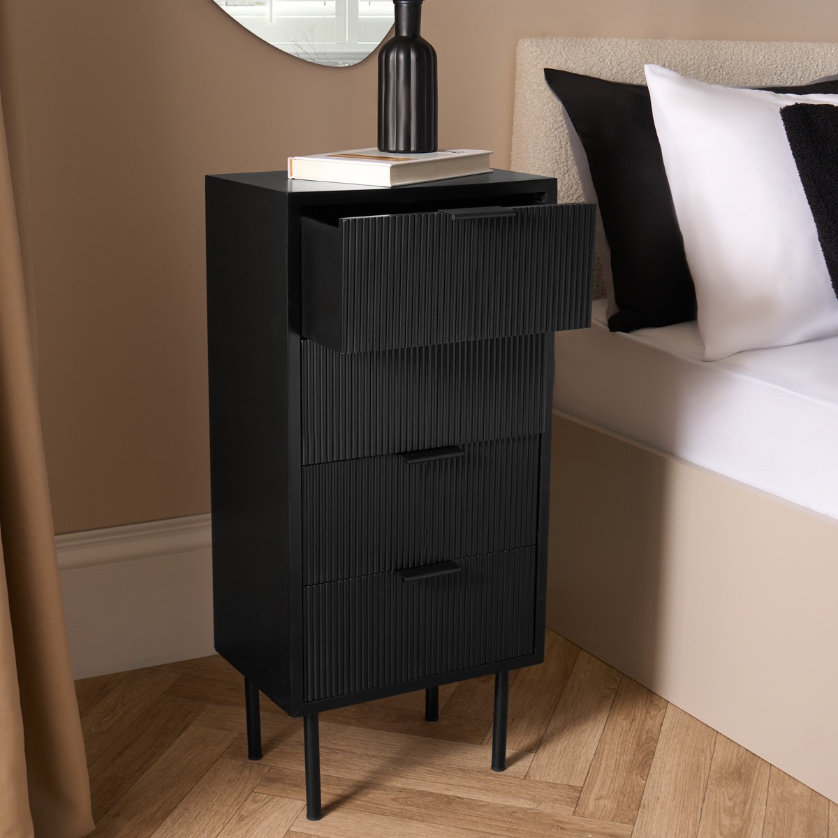 OHS Ribbed 4 Drawer Wood Bedside Table - Black>