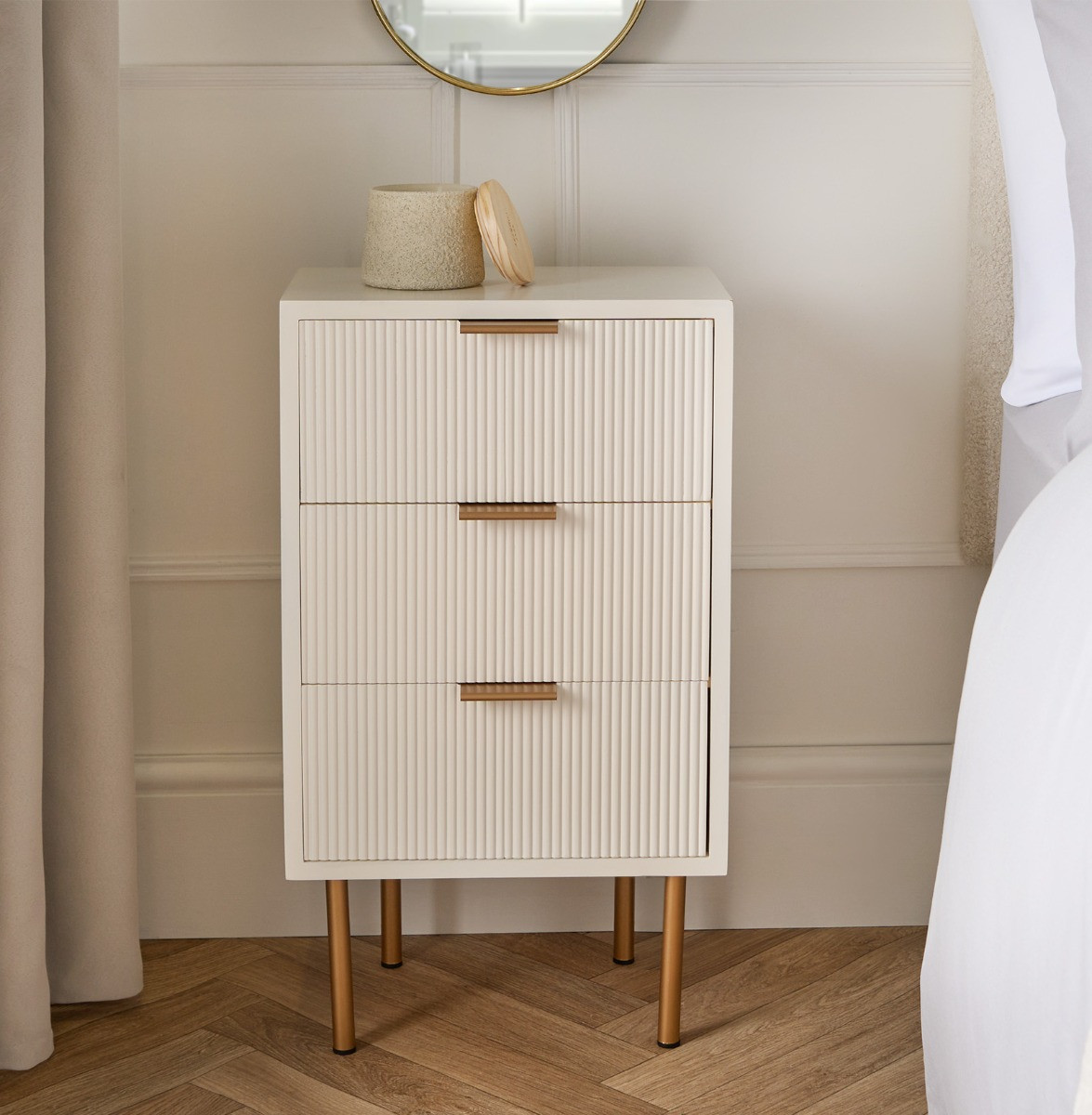 OHS Ribbed 3 Drawer Wood Bedside Table - Cream>