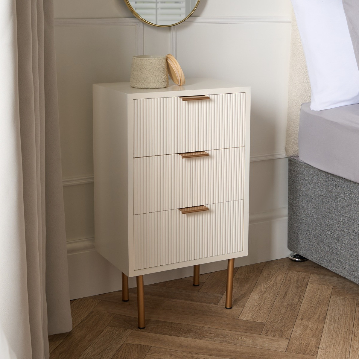 OHS Ribbed 3 Drawer Wood Bedside Table - Cream>