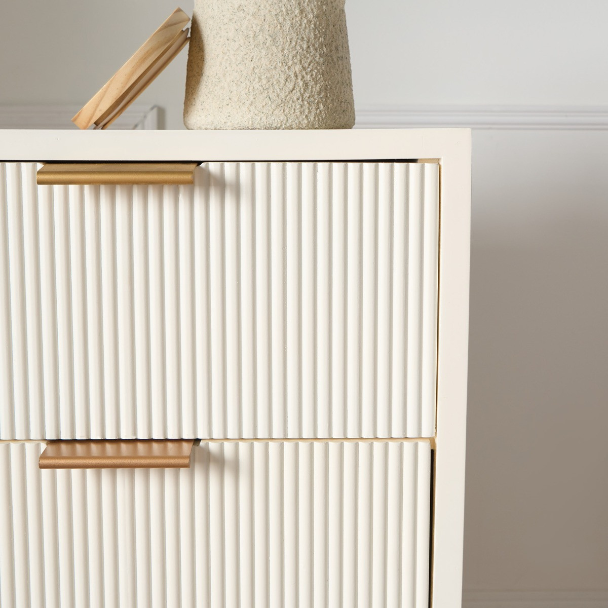 OHS Ribbed 3 Drawer Wood Bedside Table - Cream>