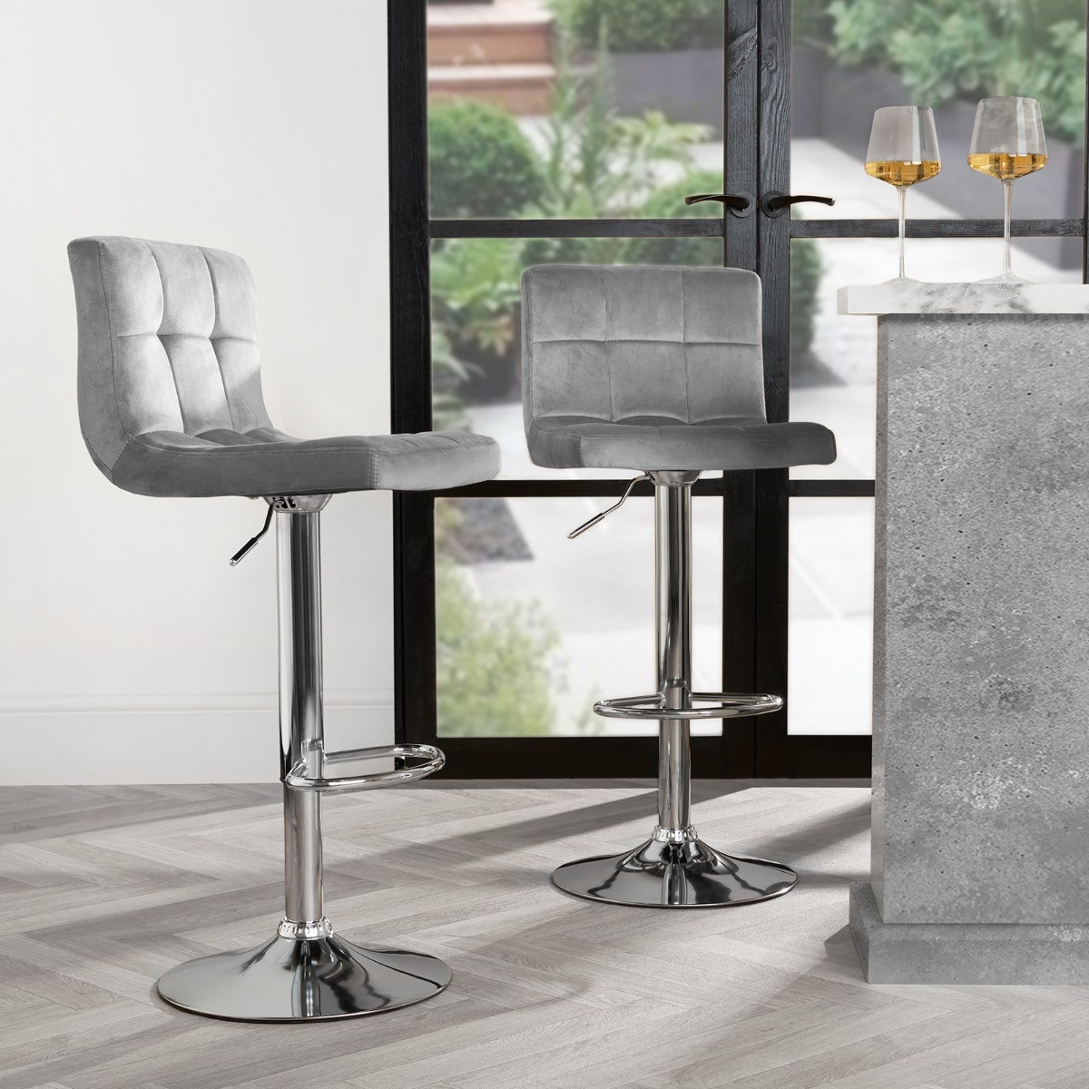 OHS Set of 2 Adjustable Velvet Bar Stools - Grey >