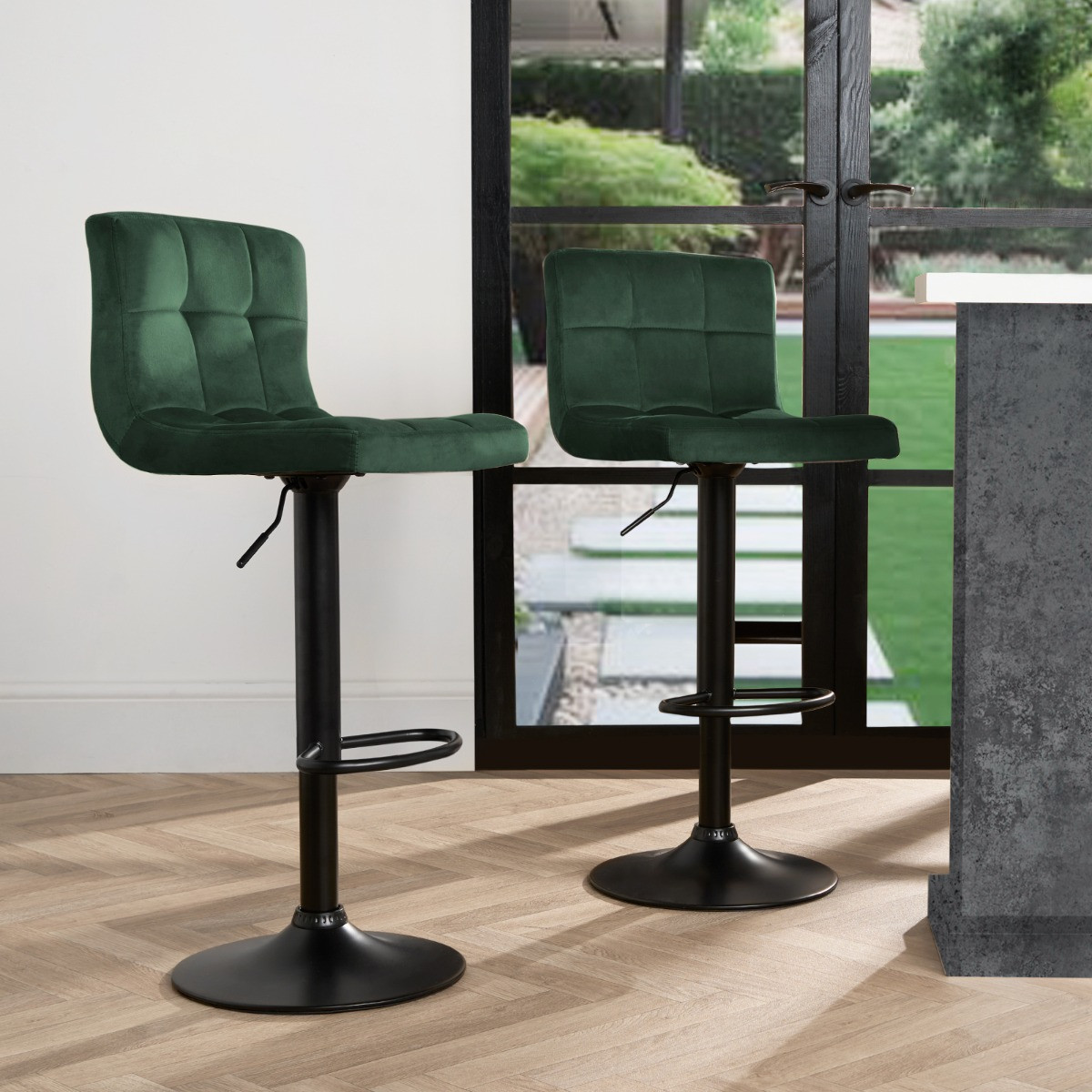 OHS Set of 2 Adjustable Velvet Bar Stools - Forest Green>